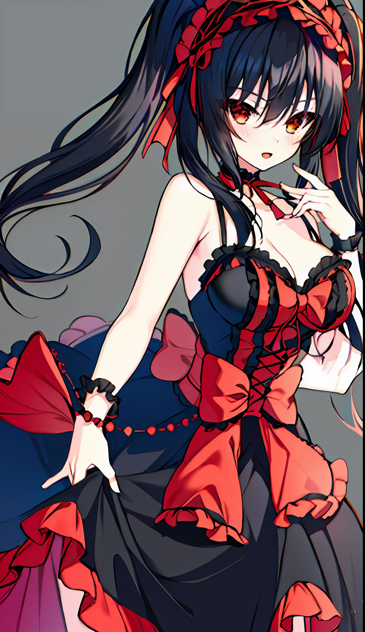 18 year old beautiful girl, masterpiece, top quality, 8K anime, 1 girl, detailed fingers, precise fingers, not unnatural hands, odd eyes, black hair twin tails, kurumi tokizaki, large breasts,