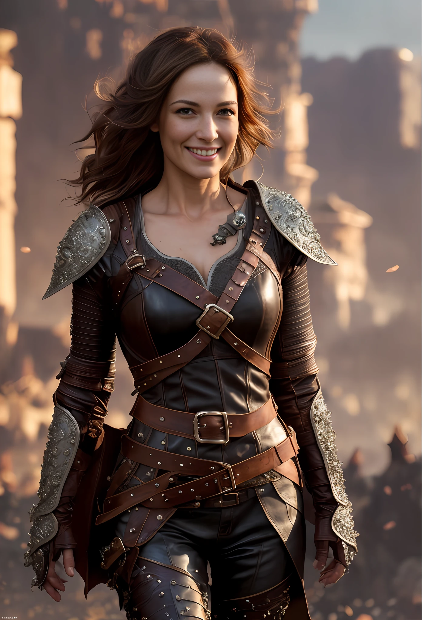 full body, walking pose, slow motion, (looking at camera:1.5), ((full body:1.5) shot:1.5), (portrait), (smiling rogue thief:1.2) female wearing full body multiple layer stitched (leather armor:1.5), cleavage, (insanely detailed action scene, bloom:1.5), (highest quality, Alessandro Casagrande, Greg Rutkowski, Sally Mann, concept art, 4k), (analog:1.2), (high sharpness), (detailed pupils:1.1), (photograph:1.1), (photorealistic:1.1), detailed face and eyes, Masterpiece, best quality, (highly detailed photo:1.1), 8k, photorealistic, (chestnut, perm hair style, ecstatic:1.1), (45 year-old woman:1.1), By jeremy mann, by sandra chevrier, by maciej kuciara, sharp, (perfect body:1.1), realistic, real shadow, 3d, (desert background:1.2)