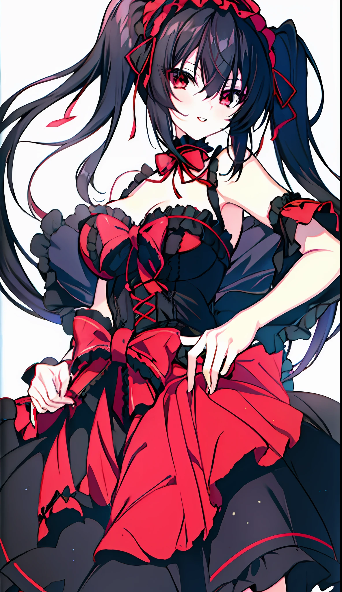 18 year old beautiful girl, masterpiece, top quality, 8K anime, 1 girl, detailed fingers, precise fingers, not unnatural hands, odd eyes, black hair twin tails, kurumi tokizaki, large breasts,
