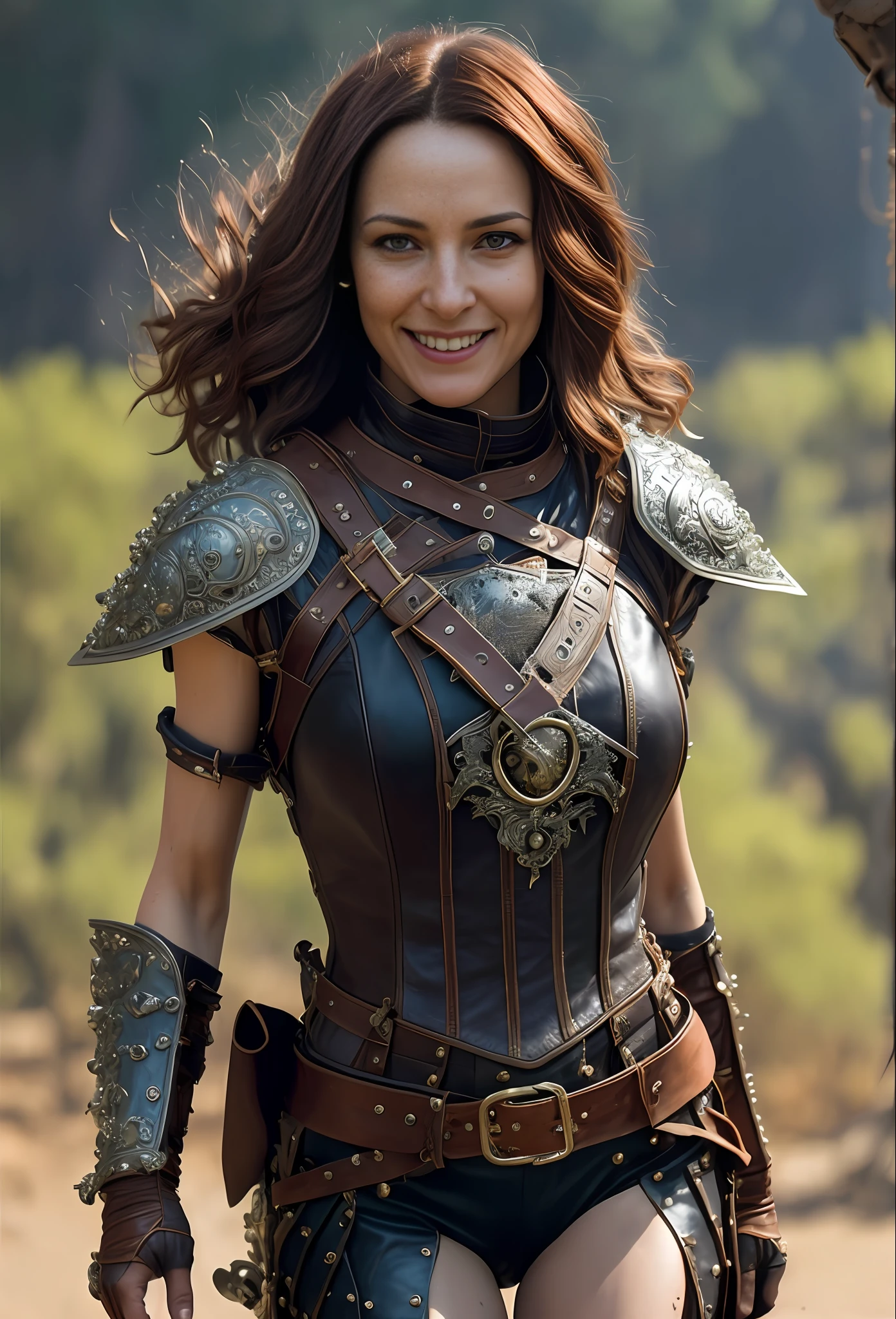 full body, walking pose, slow motion, (looking at camera:1.5), ((full body:1.5) shot:1.5), (portrait), (smiling rogue thief:1.2) female wearing full body multiple layer stitched (leather armor:1.5), cleavage, (insanely detailed action scene, bloom:1.5), (highest quality, Alessandro Casagrande, Greg Rutkowski, Sally Mann, concept art, 4k), (analog:1.2), (high sharpness), (detailed pupils:1.1), (photograph:1.1), (photorealistic:1.1), detailed face and eyes, Masterpiece, best quality, (highly detailed photo:1.1), 8k, photorealistic, (chestnut, perm hair style, ecstatic:1.1), (45 year-old woman:1.1), By jeremy mann, by sandra chevrier, by maciej kuciara, sharp, (perfect body:1.1), realistic, real shadow, 3d, (desert background:1.2)