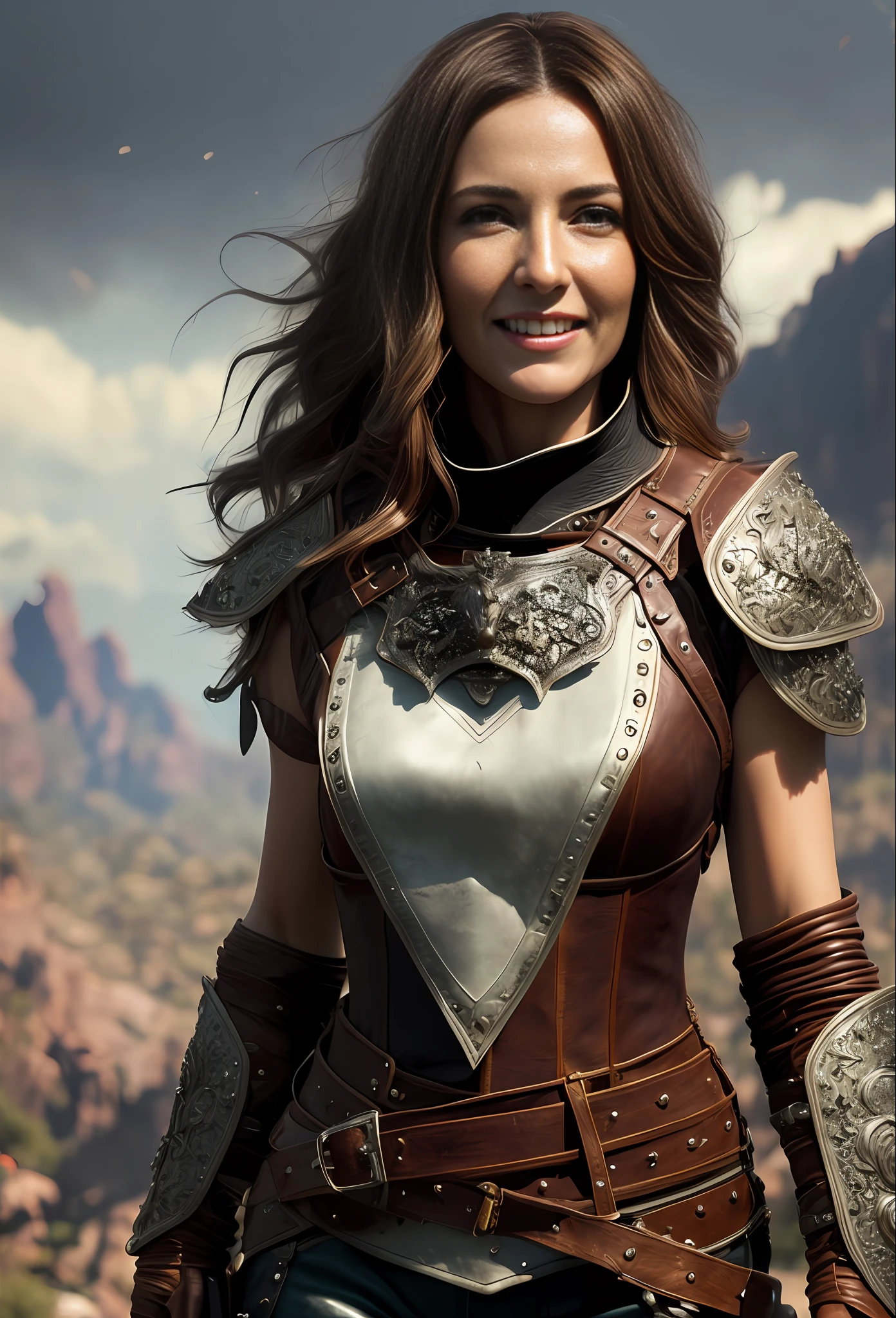 full body, walking pose, slow motion, (looking at camera:1.5), ((full body:1.5) shot:1.5), (portrait), (smiling rogue thief:1.2) female wearing full body multiple layer stitched (leather armor:1.5), cleavage, (insanely detailed action scene, bloom:1.5), (highest quality, Alessandro Casagrande, Greg Rutkowski, Sally Mann, concept art, 4k), (analog:1.2), (high sharpness), (detailed pupils:1.1), (photograph:1.1), (photorealistic:1.1), detailed face and eyes, Masterpiece, best quality, (highly detailed photo:1.1), 8k, photorealistic, (chestnut, perm hair style, ecstatic:1.1), (45 year-old woman:1.1), By jeremy mann, by sandra chevrier, by maciej kuciara, sharp, (perfect body:1.1), realistic, real shadow, 3d, (desert background:1.2)