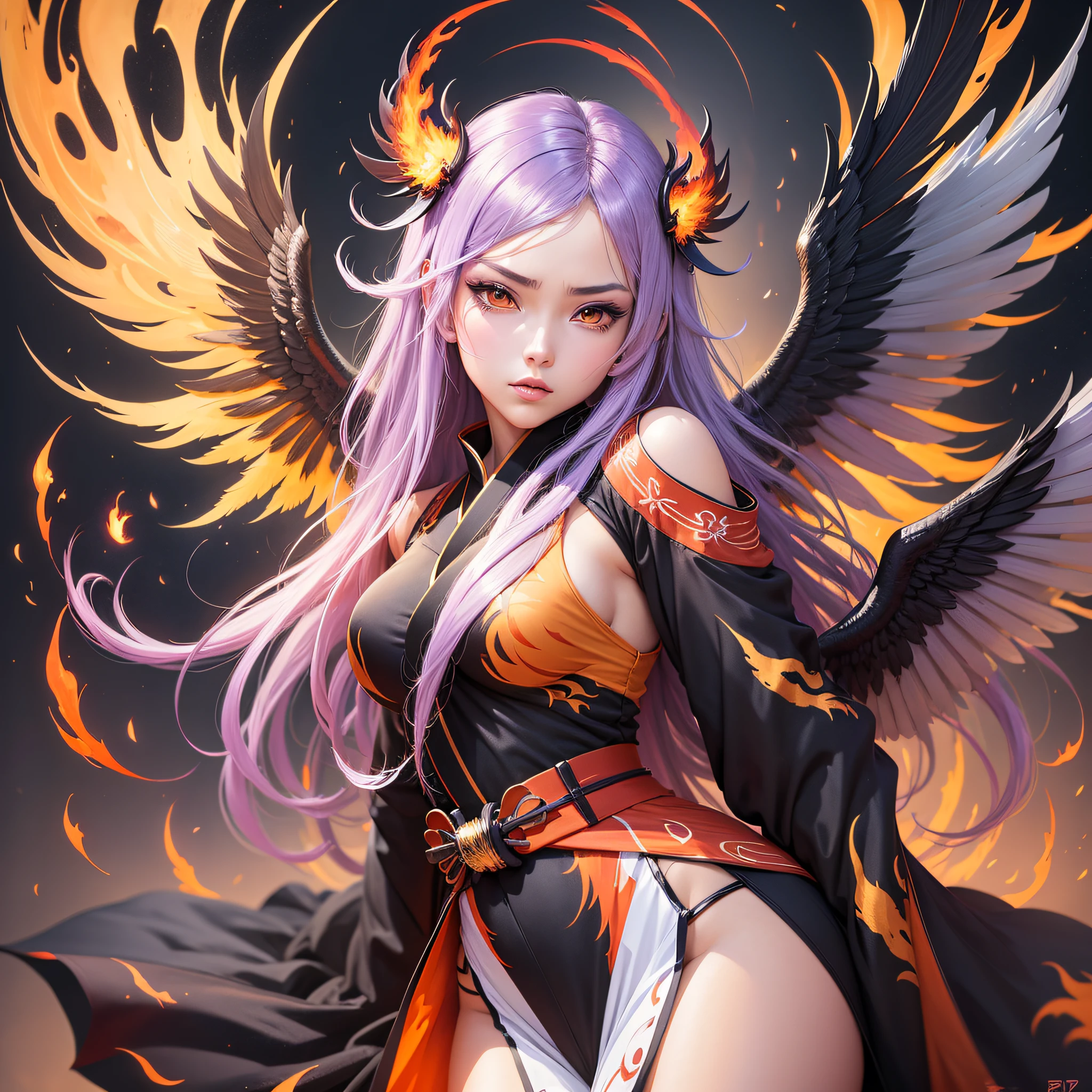 anime style, a closeup of a cartoon of a woman with wings, wings of fire, girl design, mara, portrait, giesha, anime image, long hair, serious, polished and powerful look, exotic, tall, masterpiece, best quality, {best quality}, {{masterpiece}}, {highres}, drawing, 2d digital drawing, anime, 1girl, anime girl, adult, exotic, colored hair, colors, colorful, orange sky, Japanese clothing, kimono, fire, fire, tengu, flames wings, wings catching fire, lava --auto --s2