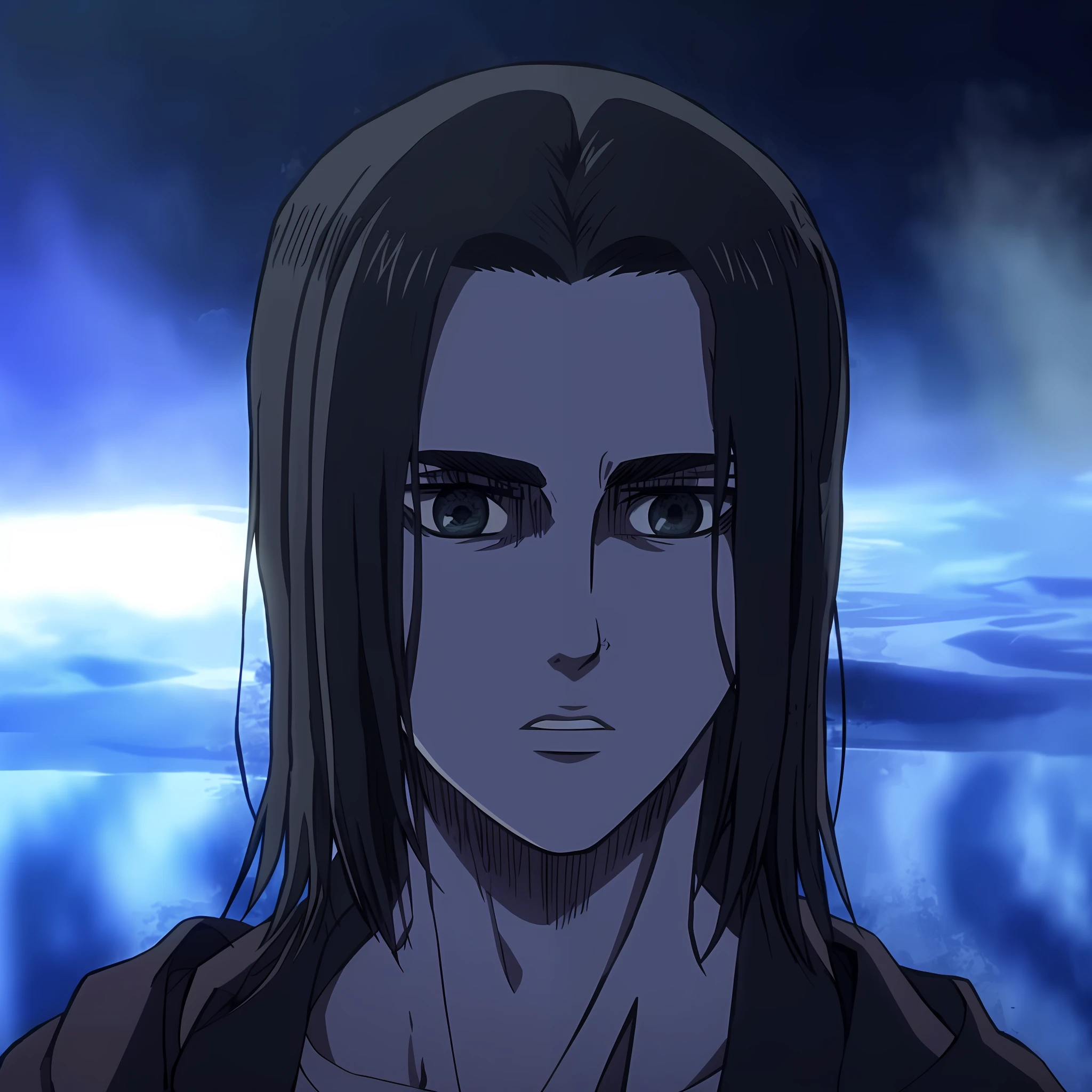 best quality, masterpiece, (realistic: 1.2), 1 man, Eren Jaeger, black jeans, black pants, brown hair, attack on Titan, cold background, black jacket, slim body, high definition, high quality, black clothes