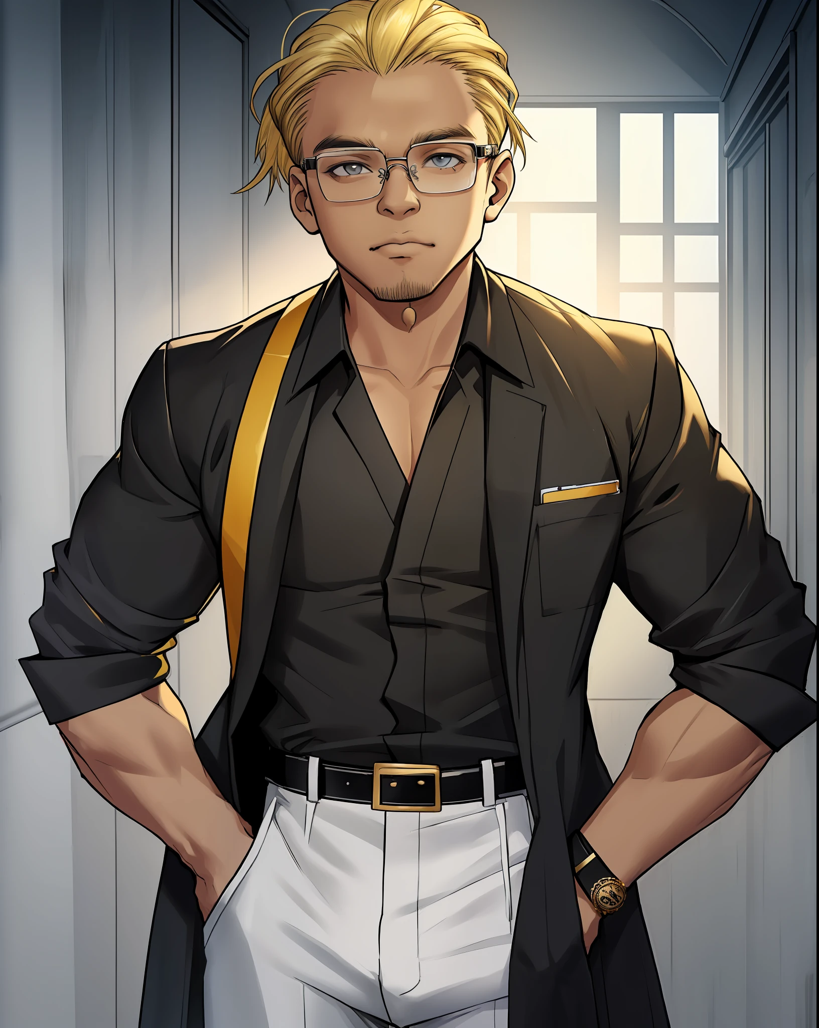 (((Jingle Abel Meuniere))), blonde hair, exposed forehead, glasses, black jumpsuit, gray shirt, white pants, black belt