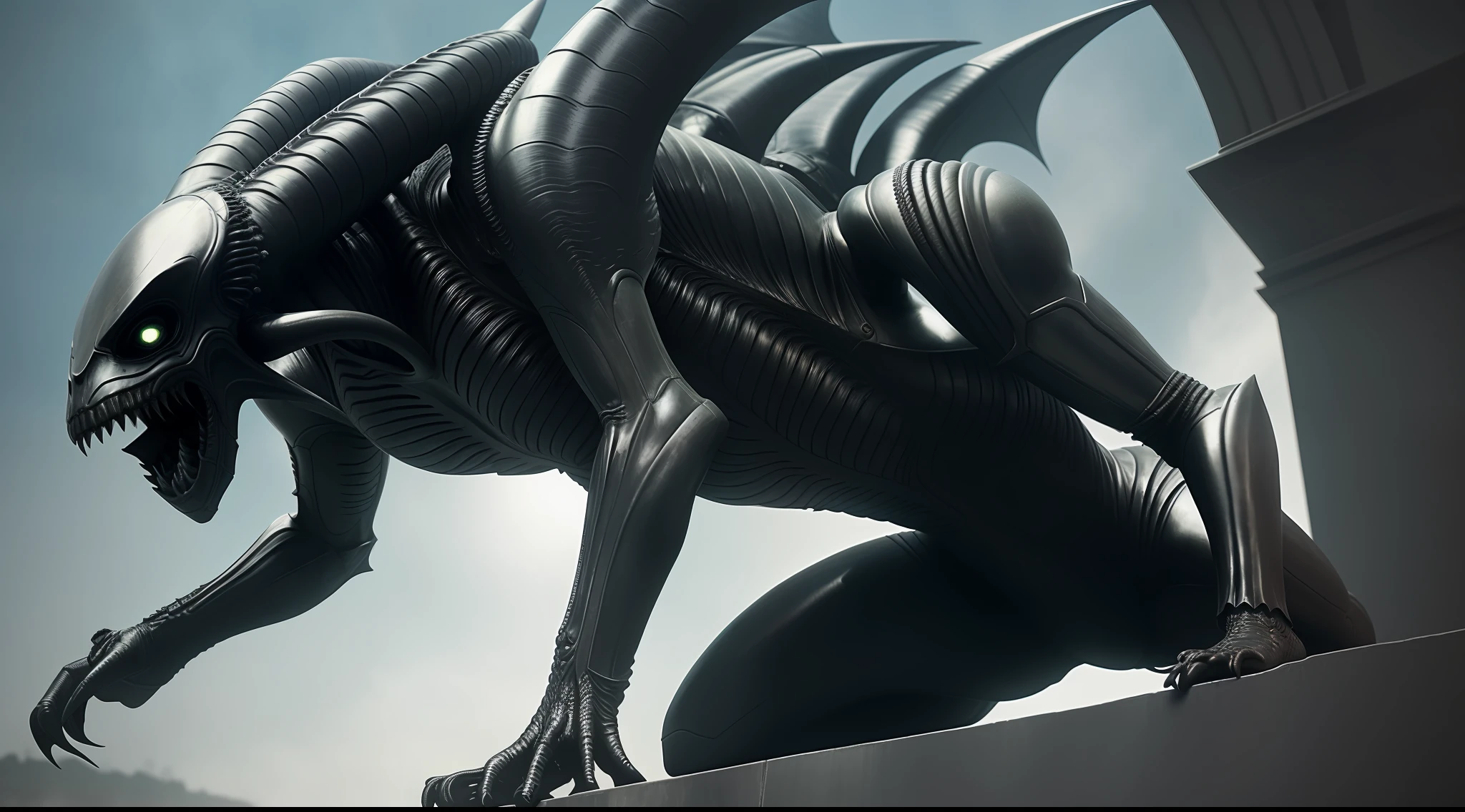 Gargoyle, Gothic, nightmare, full body, ((crouching)), ((ready to jump)) H. R. Giger, xenomorph, high detail, gothic art, hyperrealism, rays gods, ray tracing, backlighting, film grain, UHD, masterpiece, anatomically correct, textured skin, super detail, high details, 8k, best quality, award-winning, strong legs, attack position.