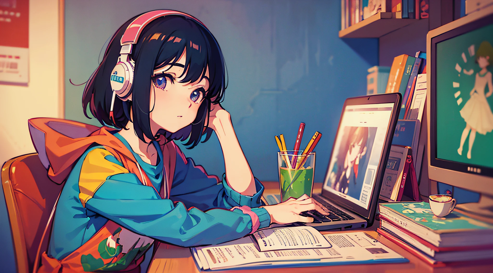 anime girl sitting at the table with laptop and headphones, an image inspired by Satoshi Kon, in Rio de Janeiro, tumblr, art nouveau, lofi girl, lofi artstyle, lofi girl aesthetic, lofi art, lofi hip hop, lofi colors, lofi feel, lofi, lofi vibes, lofi aesthetic, lofi vibe, lofi portrait --auto --s2