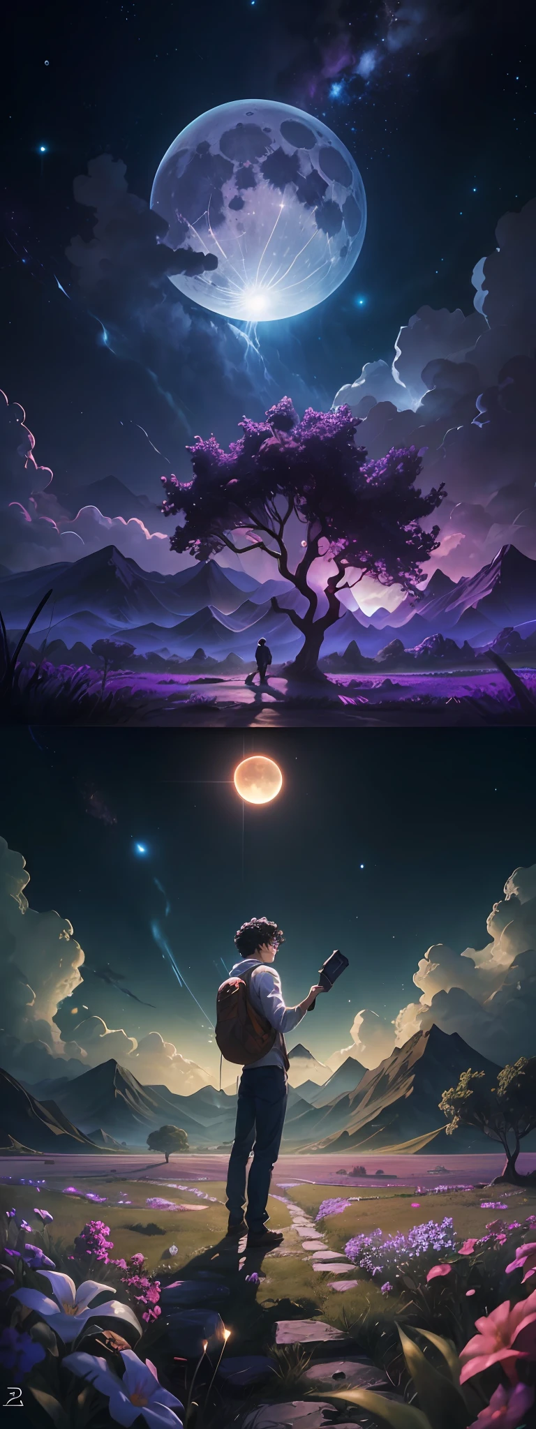 expansive landscape photography, (a view from below that shows the sky above and the open field below), a half-nerdy boy with black curly hair and glasses looking up, (full moon: 1.2), (shooting stars: 0.9), (nebula: 1.3), distant mountain, tree BREAK production art, (hot light source: 1.2), (Firefly: 1.2), lamp, very purple and orange, complex details, volumetric lighting, realism BREAK (masterpiece: 1.2), (best quality), 4k, ultra-detailed, (dynamic composition: 1.4), highly detailed, colorful details, (iridescent colors: 1.2), (bright lighting, atmospheric lighting), dreamy, magical, (solo: 1.2