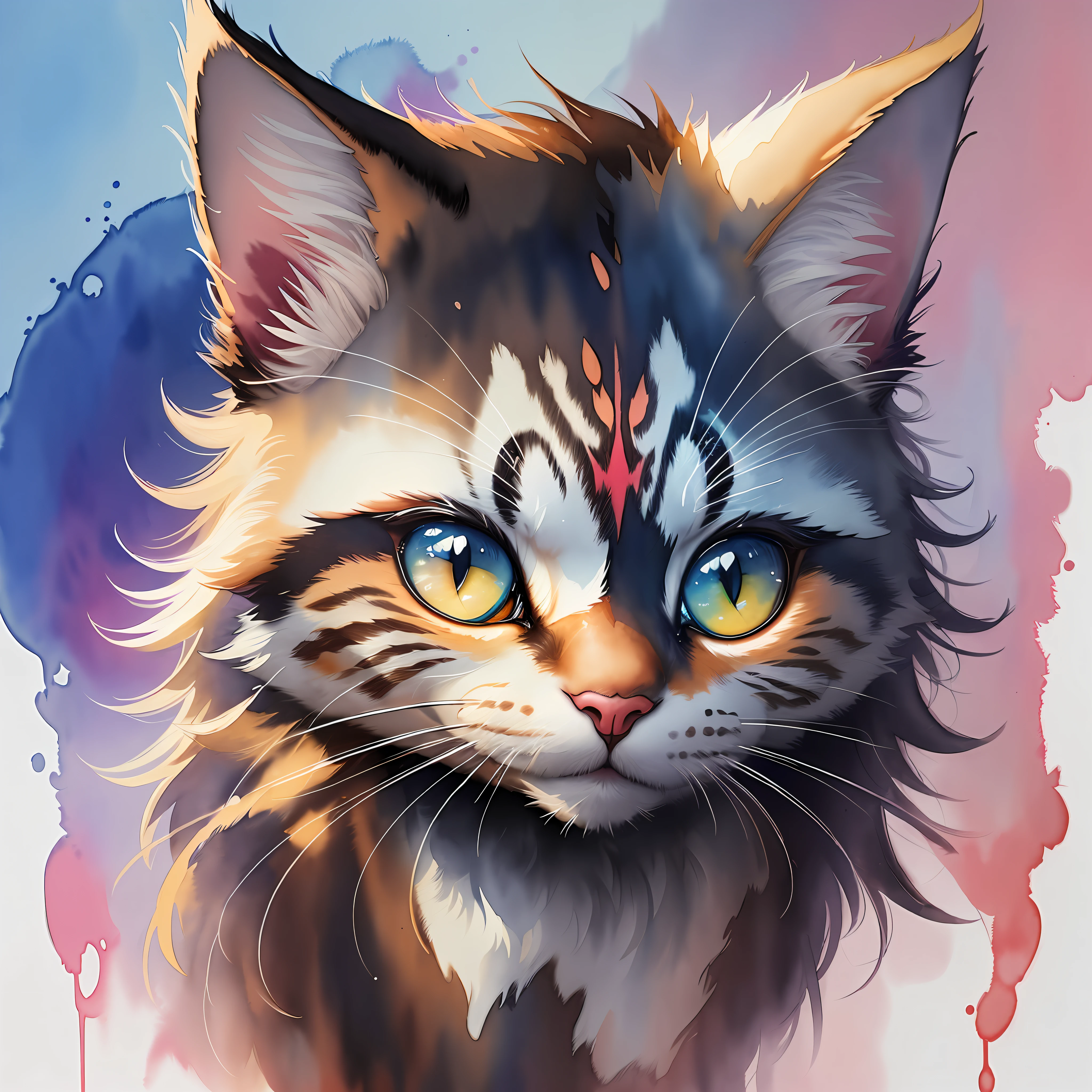 wtrcolor style, (cat character) digital art, official art, front, smile, masterpiece, beauty, ((watercolor)), face painting, paint splash, intricate details. Very detailed, detailed eye, [dripping:0.5], trends on Artstation, Rachel Walker
