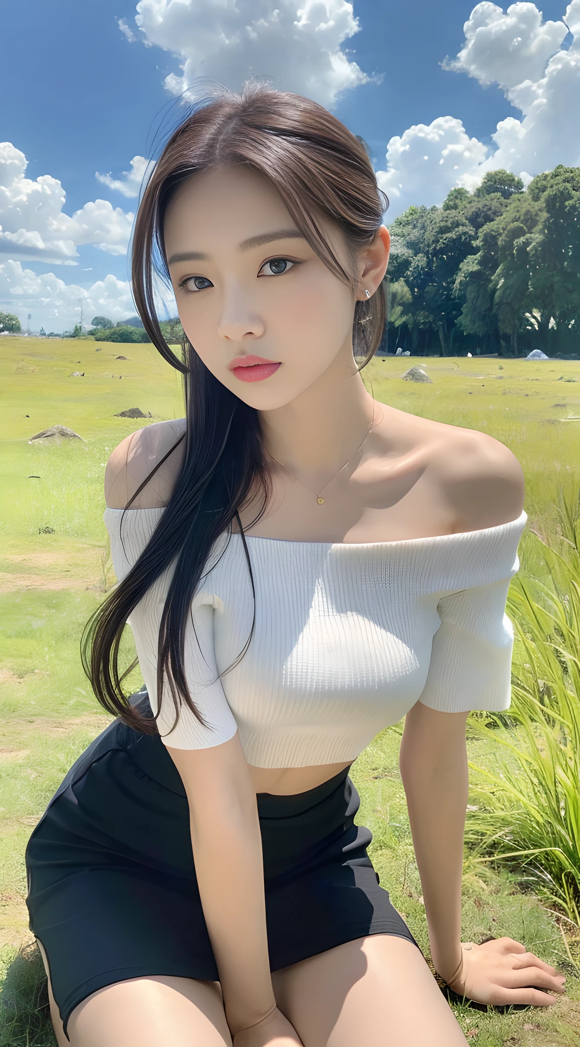 ((Best Quality, 8K, Masterpiece:1.3)), A beautiful girl, pure, melon face, gentle and cute, thin figure, partial head, upper body leaning forward, off-the-shoulder short sleeves, slit crop top short skirt, high ponytail, black fluffy long ponytail hair, round black big eyes, clear big eyes, moist red lips, sweet, sitting, blue sky and white clouds, sunlight, grassland background,