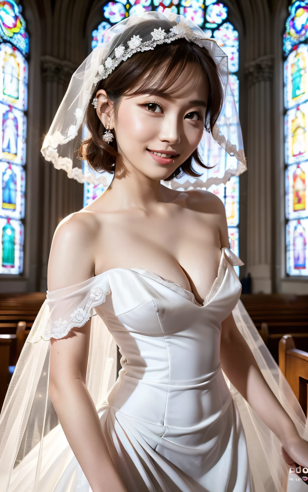 Photograph of herself woman, one young girl, double eyelids, (big: 1.2), sexy bride, (pure white wedding dress, wedding veil)), (deep slit: 1.2), (smile: 1.1), off-shoulder, (in church)), cleavage cutout, (sideboob), (bob cut), (close to viewer), ( Natural light)