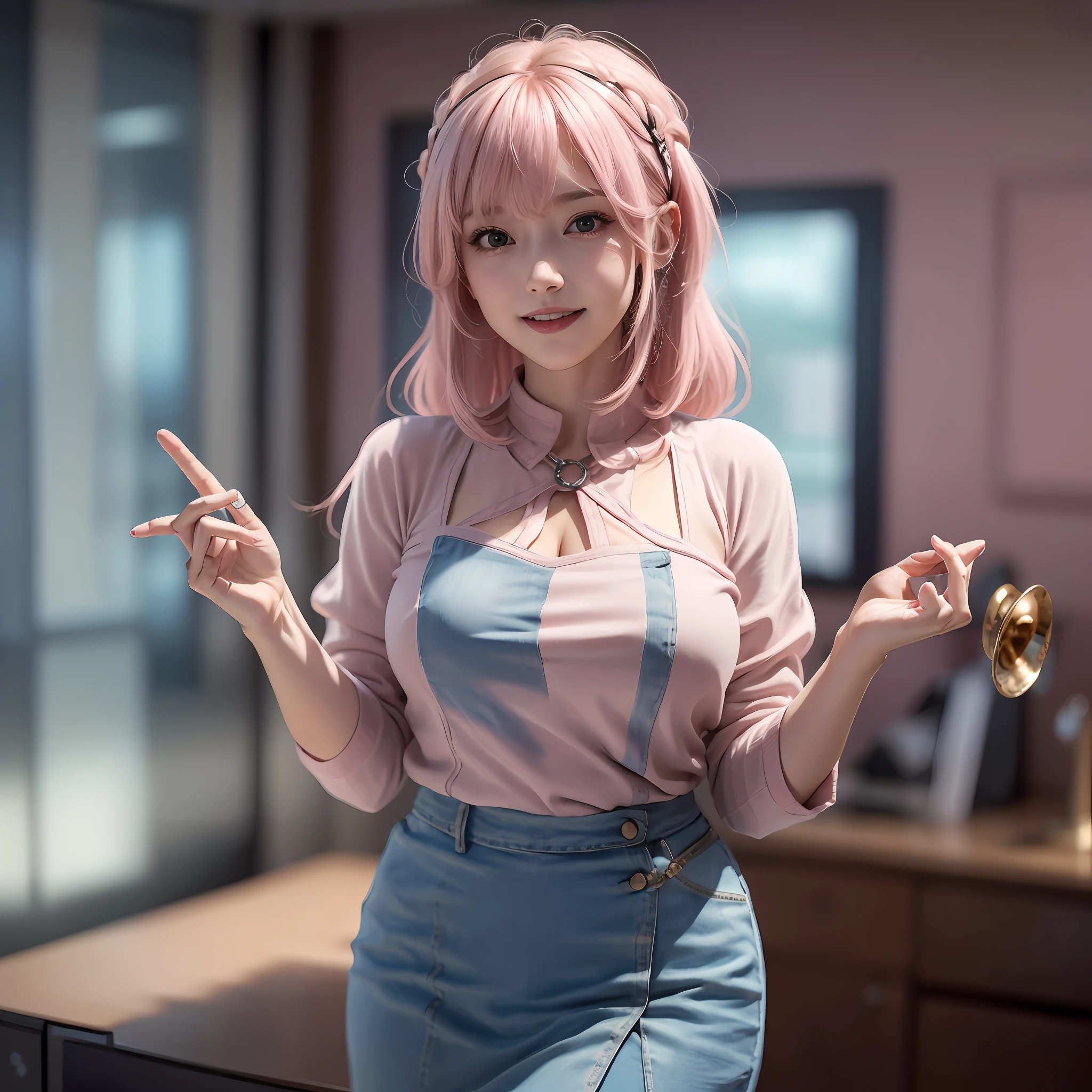 ((masterpiece, best)),(1girl),((mature woman)), light pink hair, halo, trumpet, ((office lady)), bangs, mid-chest, (full), slim, smiling, [wide hips ], office, standing, aru \(blue file\), --auto --s2