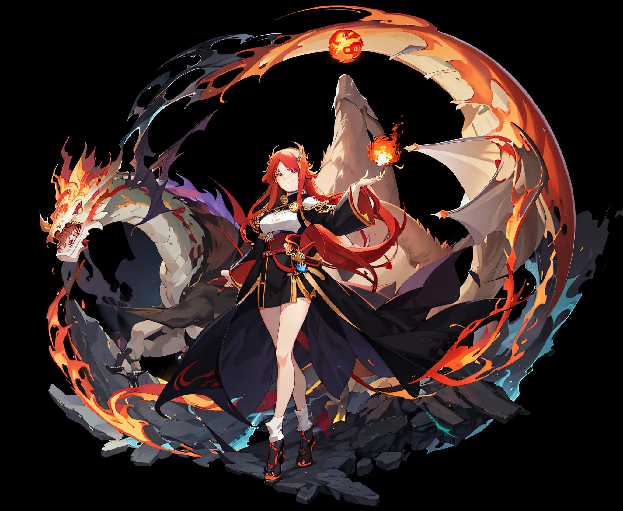 anime girl with red hair and a dragon holding a fire ball, dragon girl, onmyoji detailed art, ayaka genshin impact, demon anime girl, /!\ the sorceress, lava and fire goddess, fire mage, shadowverse style, full portrait of elementalist, official character art, fire demon, dragon queen, flame conjuring armored