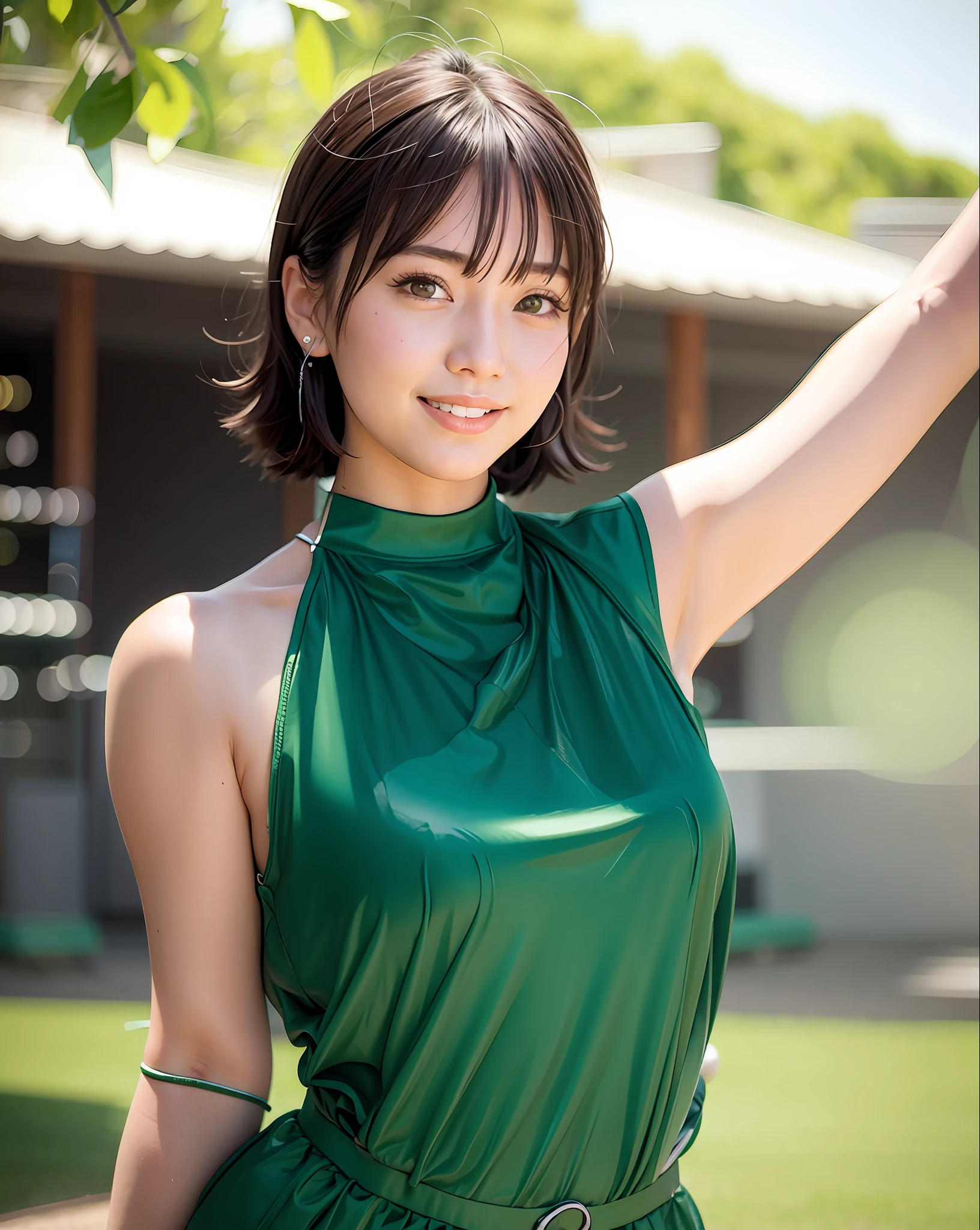 Background Baseball field, green dress, Japan beauty