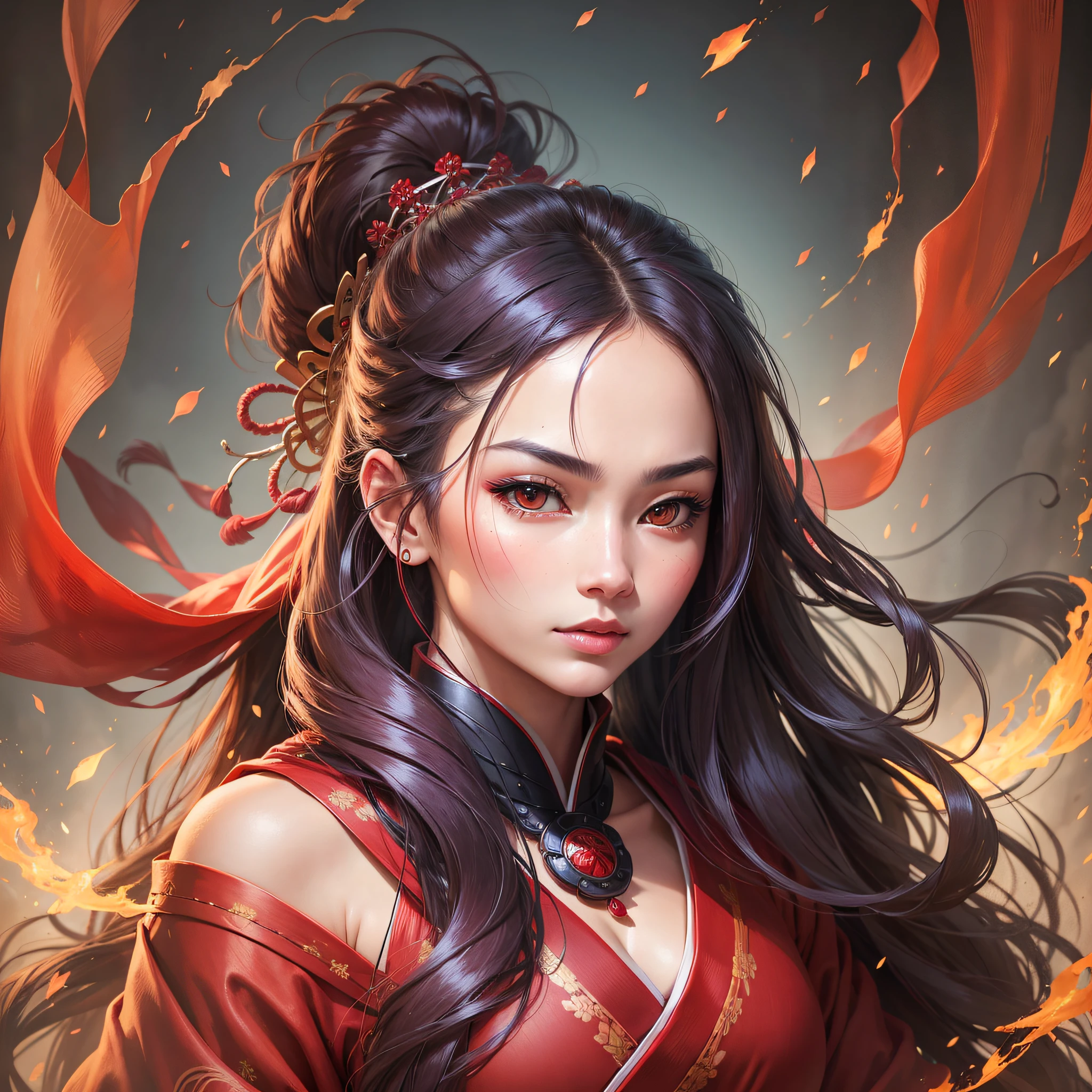 Gorgeous beauty, full of vitality of female portraits, eyes like electricity, proud female samurai, gorgeous red clothes, flowing shawl long hair, graceful body, unique face, exude charming charm. --auto --s2