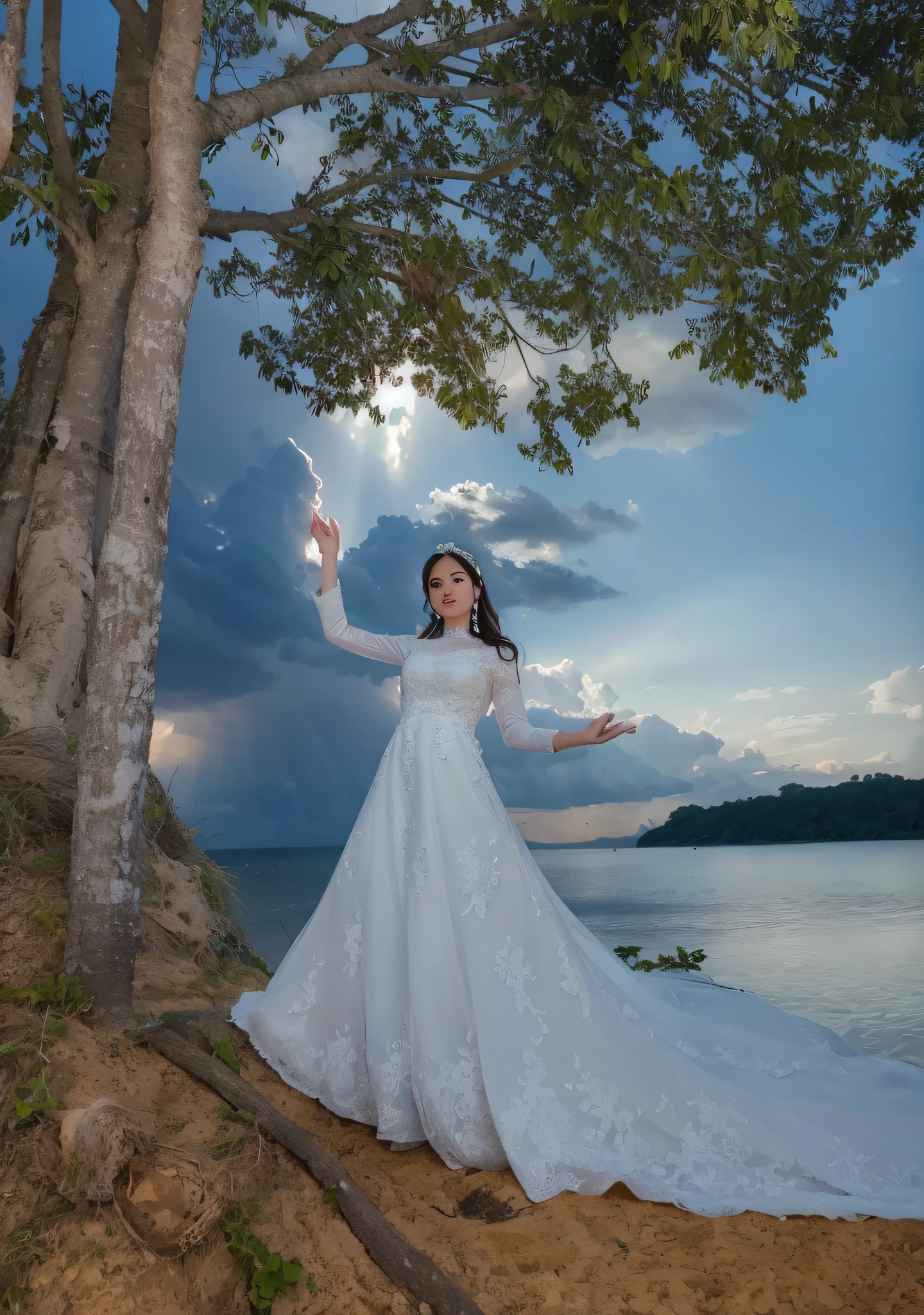 bride in white dress standing on beach near tree with sky in background, outdoor fine photography, taken with canon eos 5 d mark iv, taken with canon 5d mk4, fantasy photoshoot, with backdrop of god rays, profesional photography, photo taken with nikon d750, photo taken with nikon d 7 5 0, during sunset, ringflash lighting