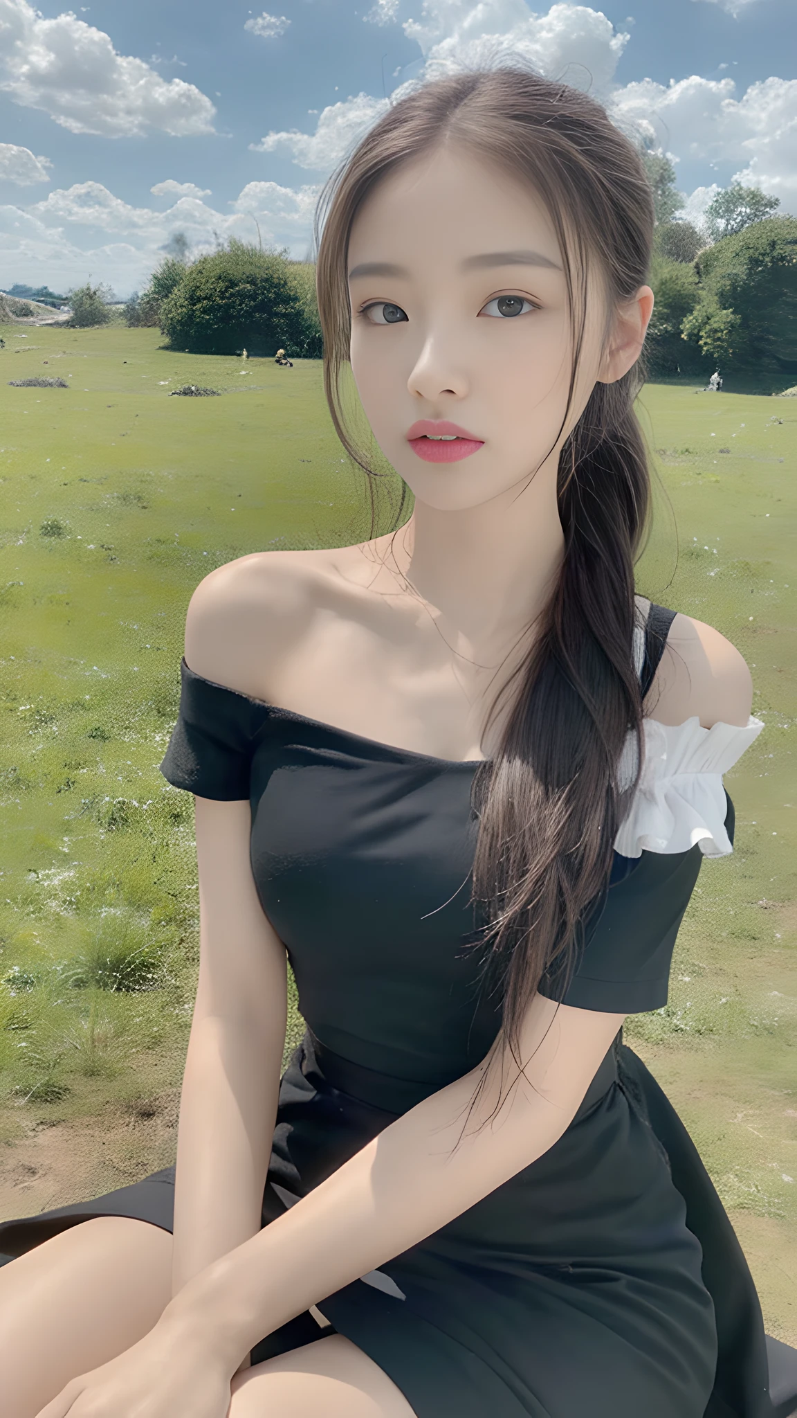 ((Best Quality, 8K, Masterpiece:1.3)), A beautiful girl, pure, melon face, gentle and cute, thin figure, partial head, leaning forward, short sleeves with off-the-shoulders, slit long skirt, high ponytail, long black ponytail hair, round black big eyes, clear big eyes, moist lips, sweet, sitting, blue sky and white clouds, grassland background,