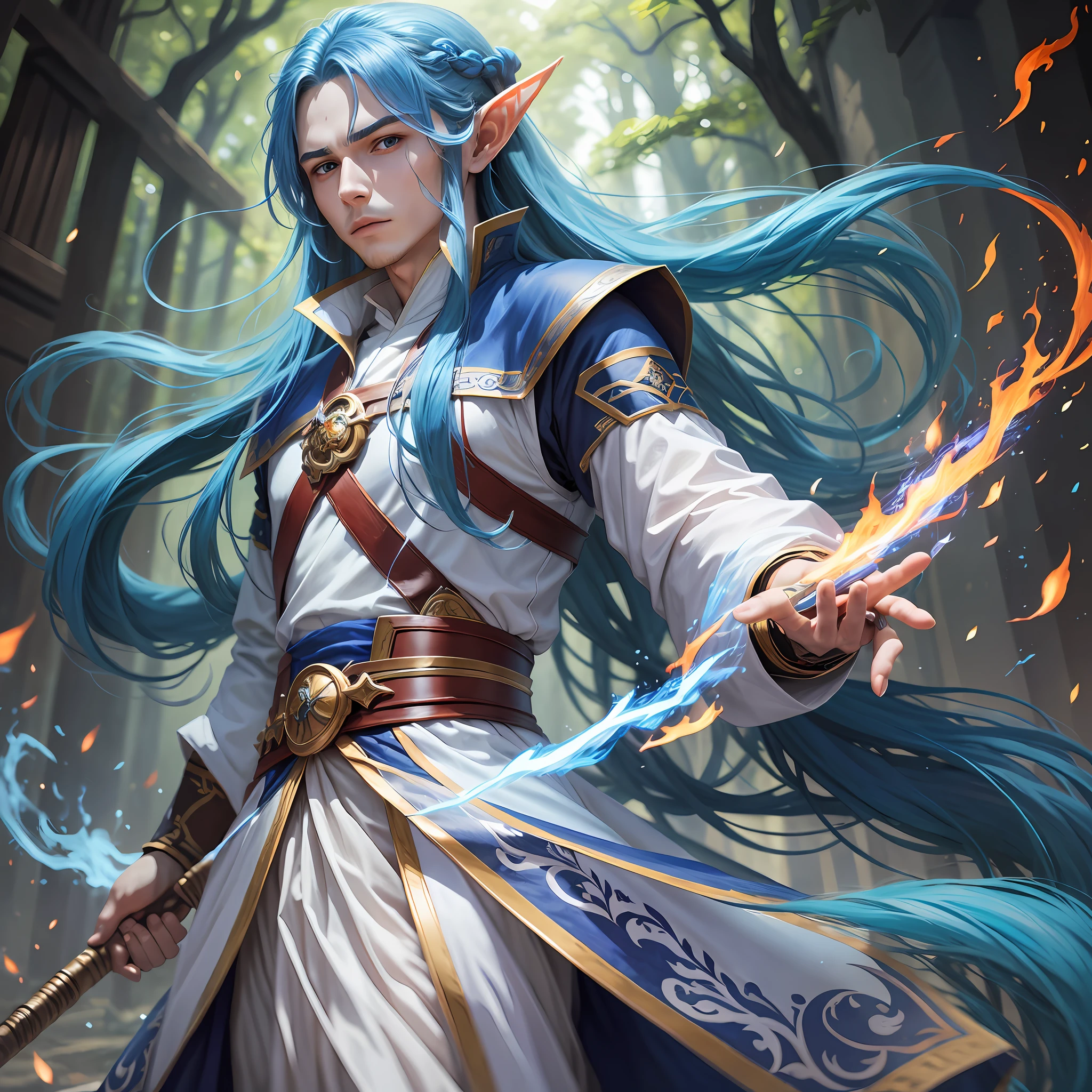 Best quality, masterpiece, male, elf, long hair, blue hair, hanfu, flame