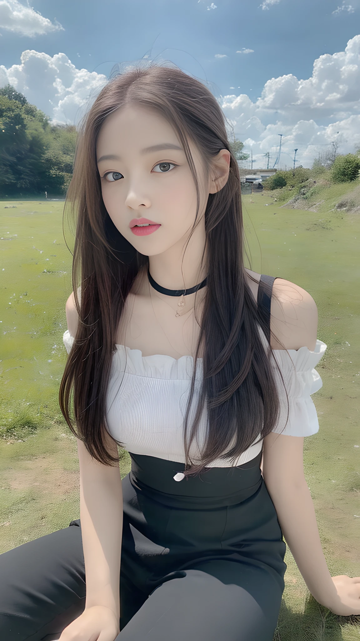 ((Best Quality, 8K, Masterpiece:1.3)), A beautiful girl, pure, melon face, gentle and cute, thin figure, partial head, upper body leaning forward, short-sleeved shirt, lower body wide-leg pants, silky hair, long straight black hair, round black big eyes, clear big eyes, moist red lips, sweet, sitting, blue sky and white clouds, sunlight, grassland background,