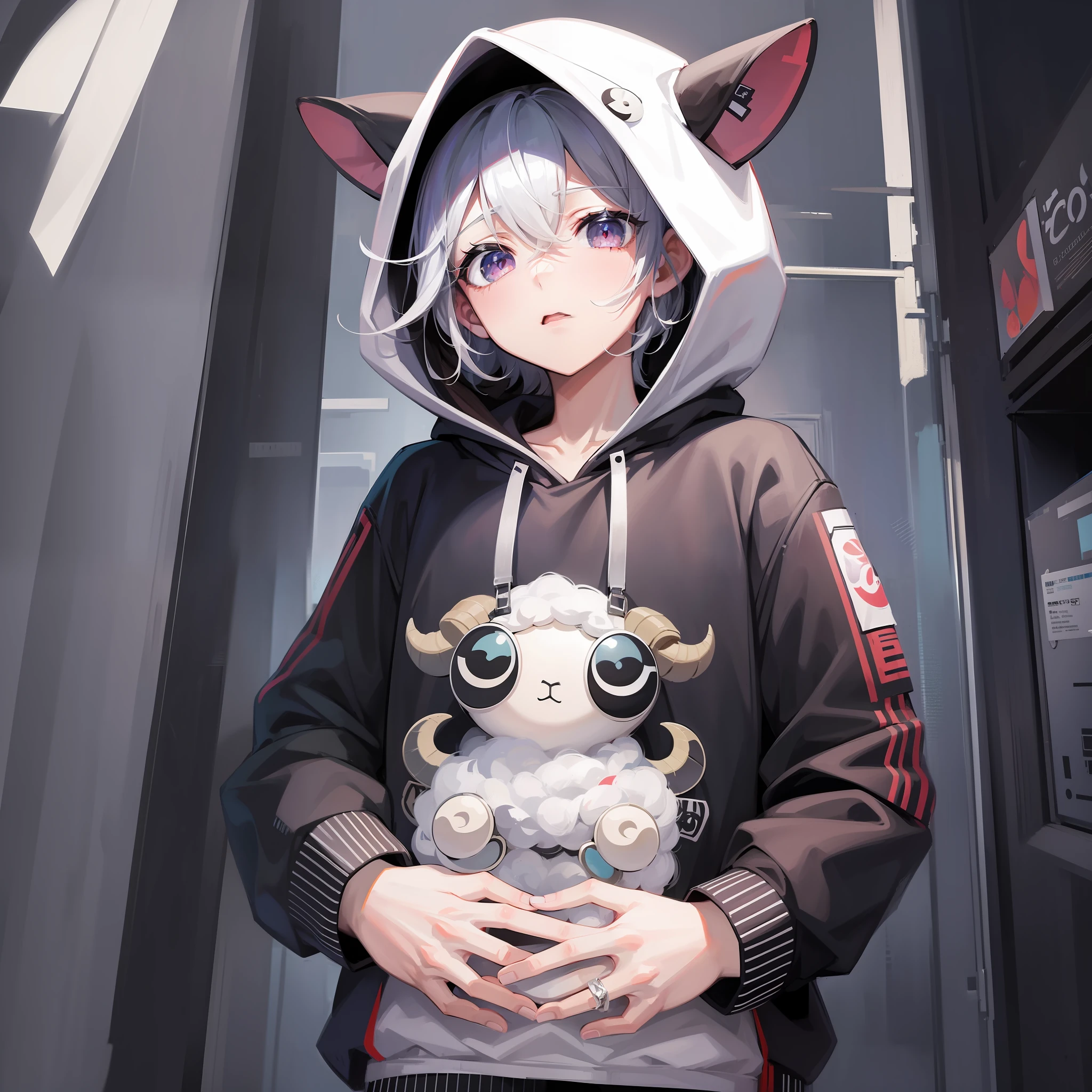 Boy in hoodie, index finger to mouth, facing camera, upper body, sheep, sheep sticker, key anime art, Danganronpa digital art, anime art wallpaper 8K, anime style 4K, badass anime 8K