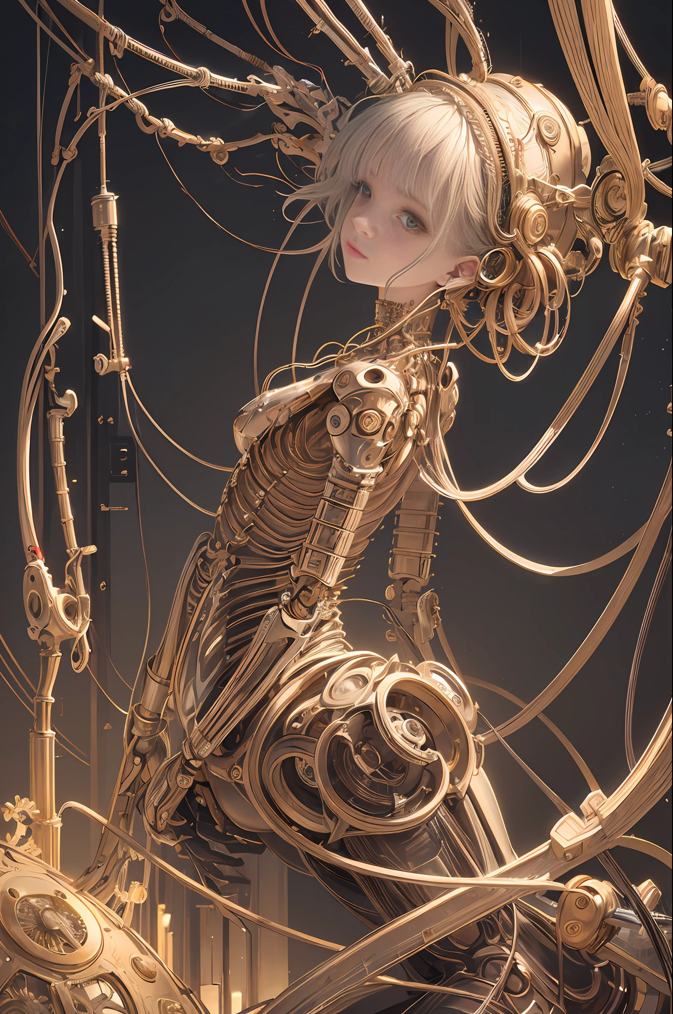 (((masterpiece))), (((best quality))), ((ultra-detailed)), (highly detailed CG illustration), ((an extremely delicate and beautiful)),(cute delicate face),cinematic light,((1mechanical girl)),solo,full body,(machine made joints:1.4),((machanical limbs)),(blood vessels connected to tubes),((mechanical vertebra attaching to back)),((mechanical cervial attaching to neck)),((sitting)),expressionless,(wires and cables attaching to head and body:1.5),(character focus),science fiction