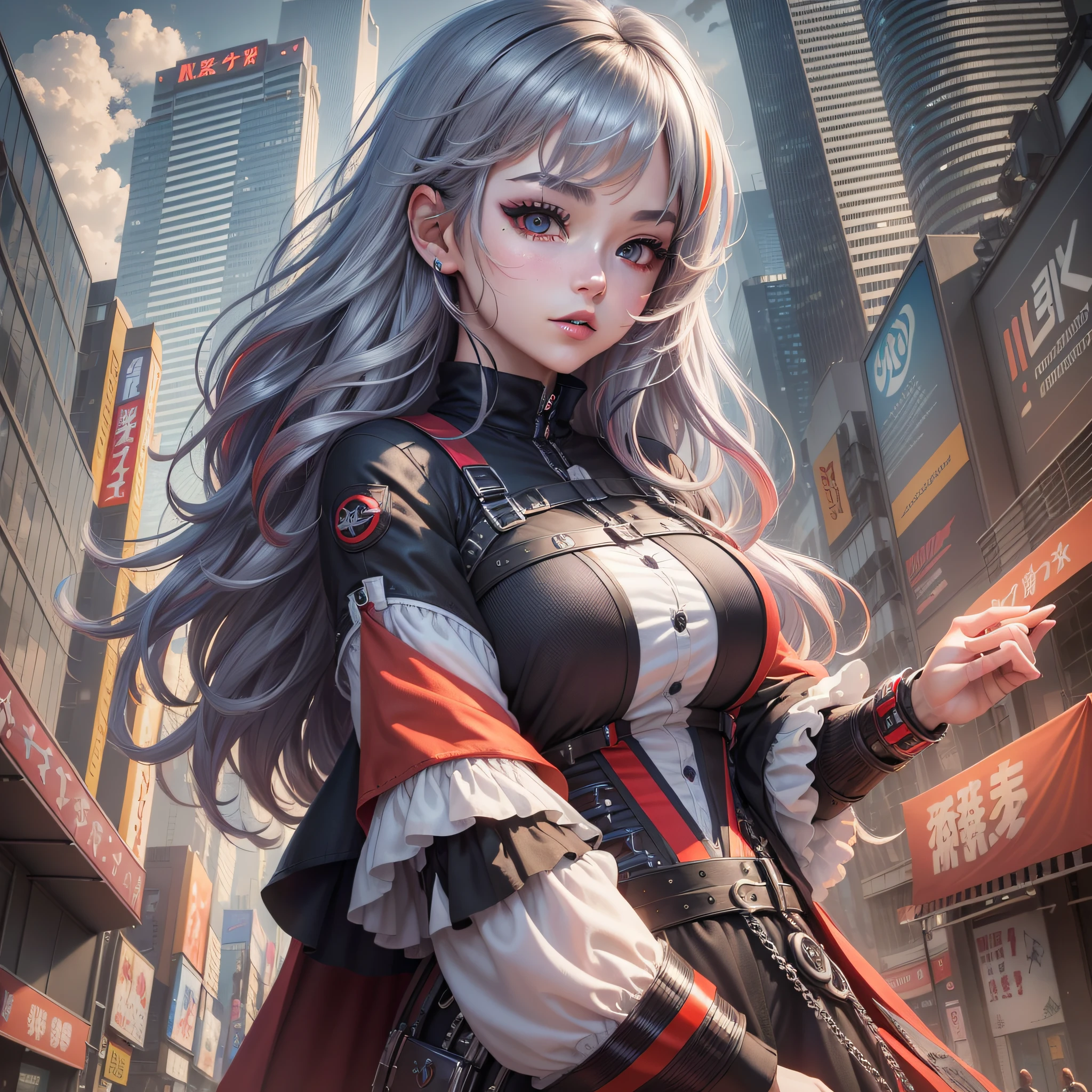 (masterpiece), best quality, ultra-detailed, extremely detailed CG unity 8k wallpaper, beautiful woman, cool, vibrant colors, Tokyo Skytree, dynamic angle, black eyes, (multicolored hair+dark hair+silver hair:1.2+red hair:1.2), very delicate, very precise. --auto --s2