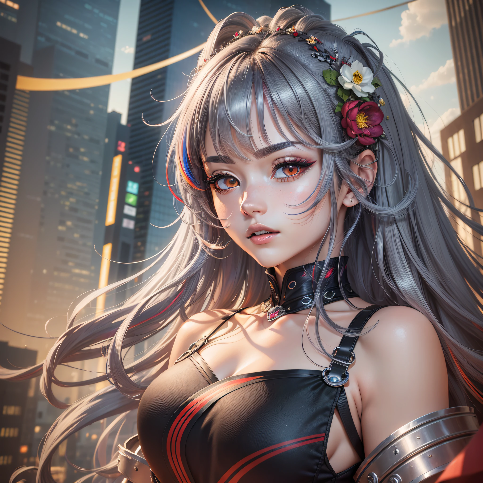 (masterpiece), best quality, ultra-detailed, extremely detailed CG unity 8k wallpaper, beautiful woman, cool, vibrant colors, Tokyo Skytree, dynamic angle, black eyes, (multicolored hair+dark hair+silver hair:1.2+red hair:1.2), very delicate, very precise. --auto --s2