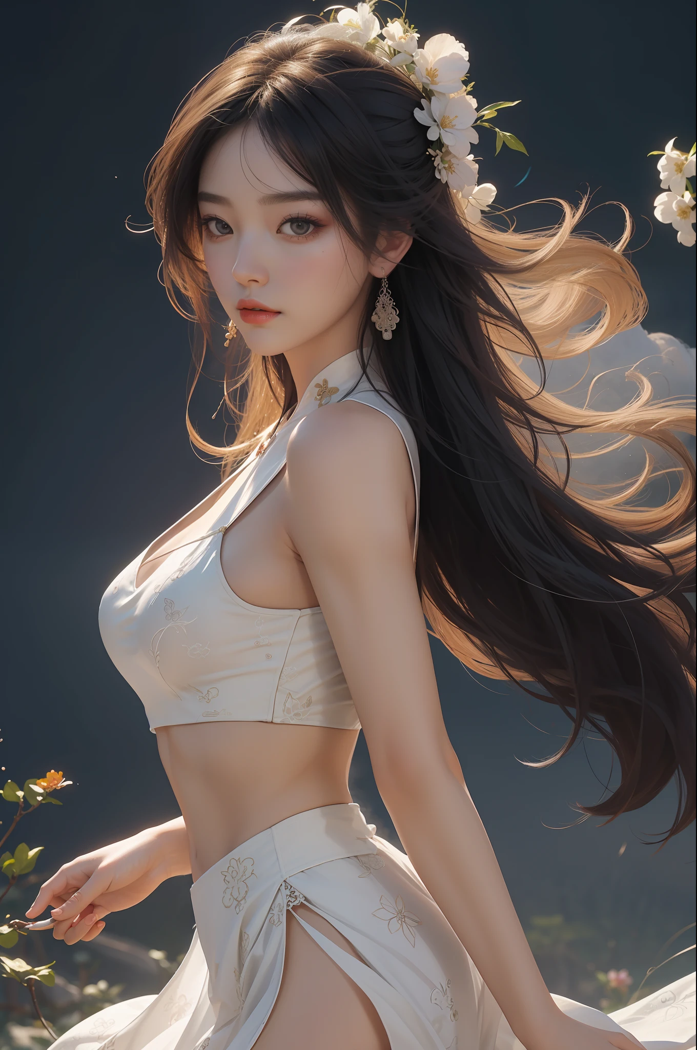 nsfw, zhongfenghua, 1girl, solo, hanfu, ancient_chinese_architecture, flower field, blossom, (white smoke:1.3) (photorealistic:1.4), zentangle, mandala, entangle, official art, unity 8k wallpaper, ultra detailed, beautiful and aesthetic, masterpiece,best quality, (dynamic angle:1.4), glowing skin, (floating colorful sparkles:1) the most beautiful form of chaos, elegant, a brutalist designed, vivid colours, romanticism depth of field exotic_dance, half_naked