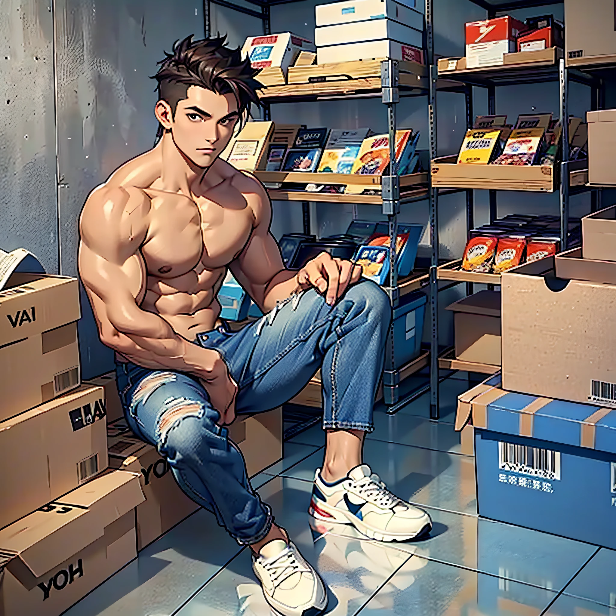 1 handsome young man, (appearance: 1.1), bright features, full of vitality, dark hair with modern cut, black eyes, shirtless upper body, wearing jeans, with sneakers, (holding a box), shelves and pallets of goods can be seen in the background