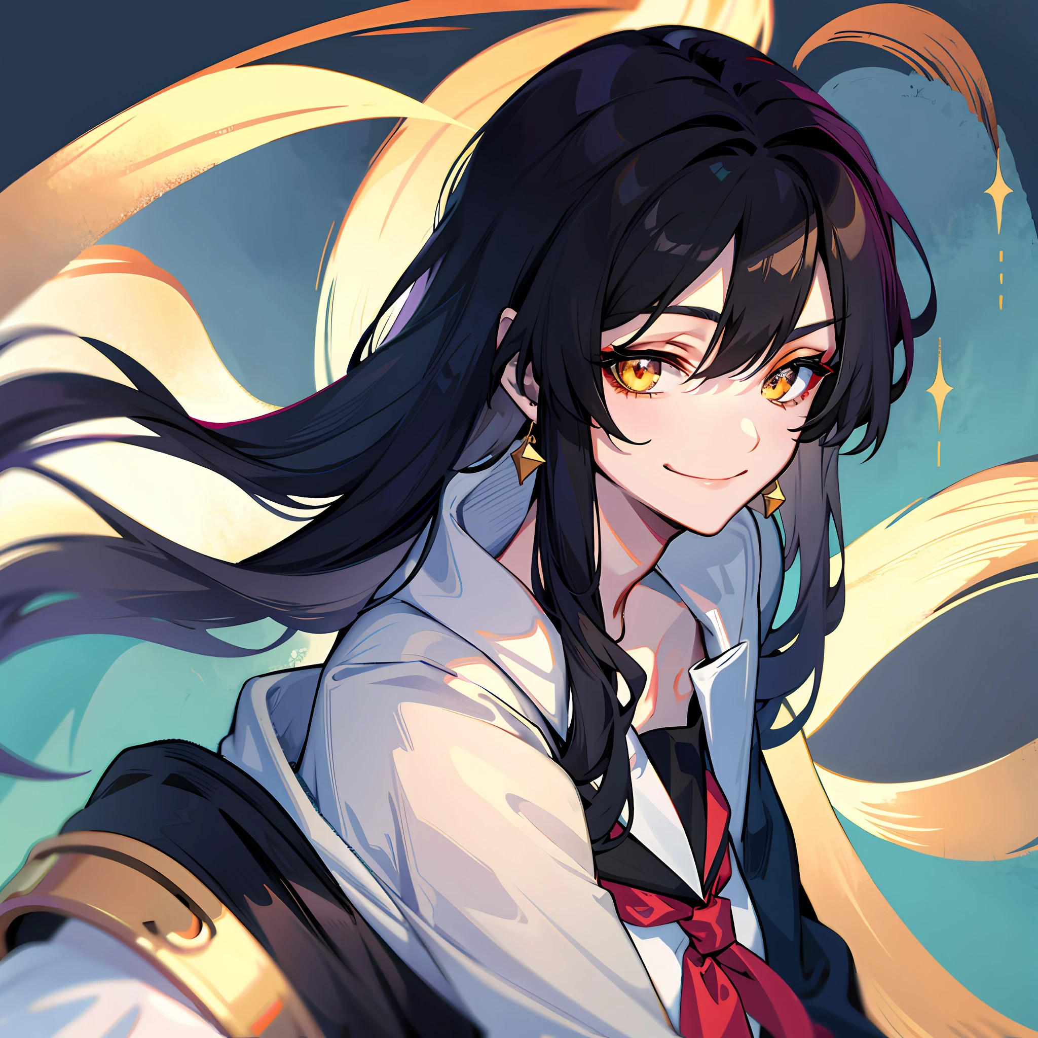 Very beautiful anime girl, black hair, golden eyes, and wearing school uniform with a warm sweet smile, portrait.