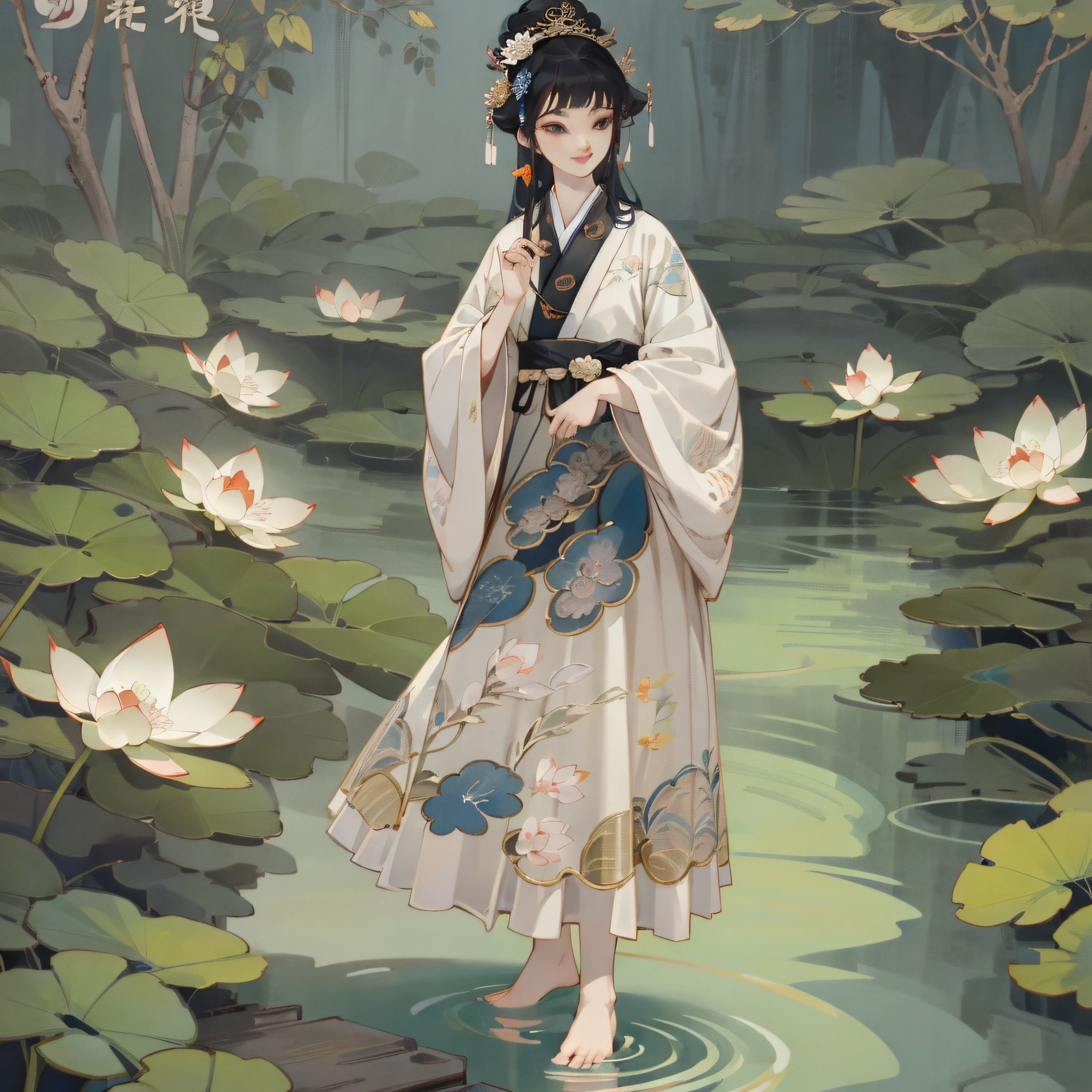 ((4k,masterpiece,best quality)), shuimobysim, traditional chinese ink painting, lotus, hanfu, maxiskit, dress conservatively 1girl, solo, long blue hair, smile, standing, feet in the water, barefoot, --auto --s2