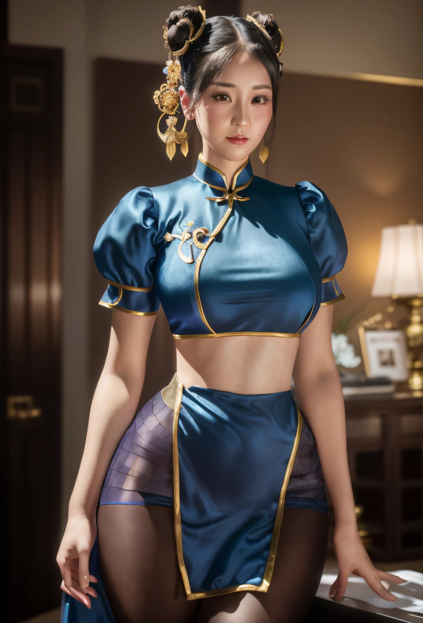 a woman in a blue dress posing for a picture in a room, chun li, portrait of chun - li, chun-li, chun - li, portrait of chun li, in a blue qipao, gold brocaded dark blue clothes, dark blue leotard costume, high quality costume, chinese costume, with acient chinese clothes