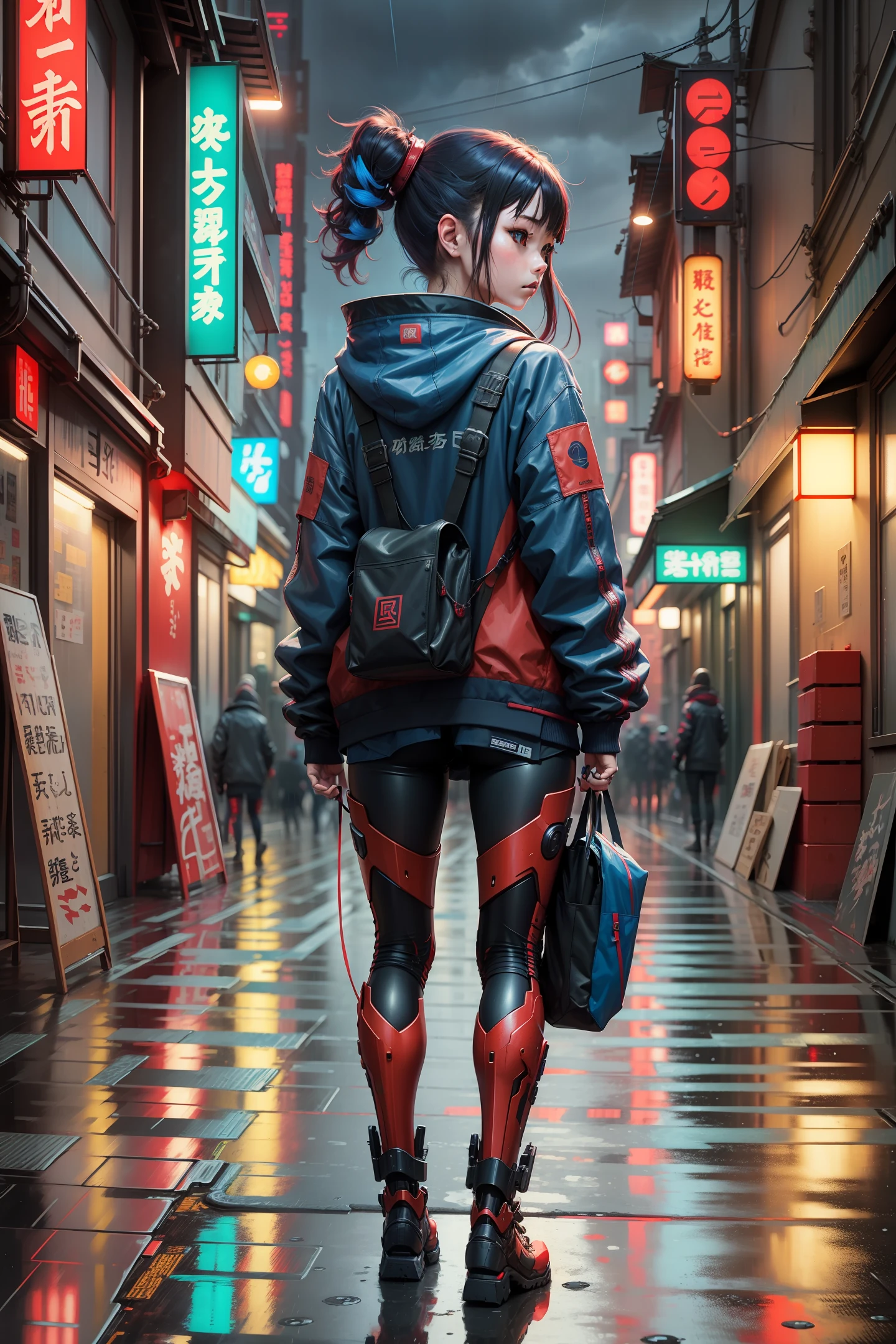 Cyberpunk, Japanese manga style, red and blue tones, street scene, girl, mechanical exoskeleton, back, back, back, side face, rainy day, night --auto --s2