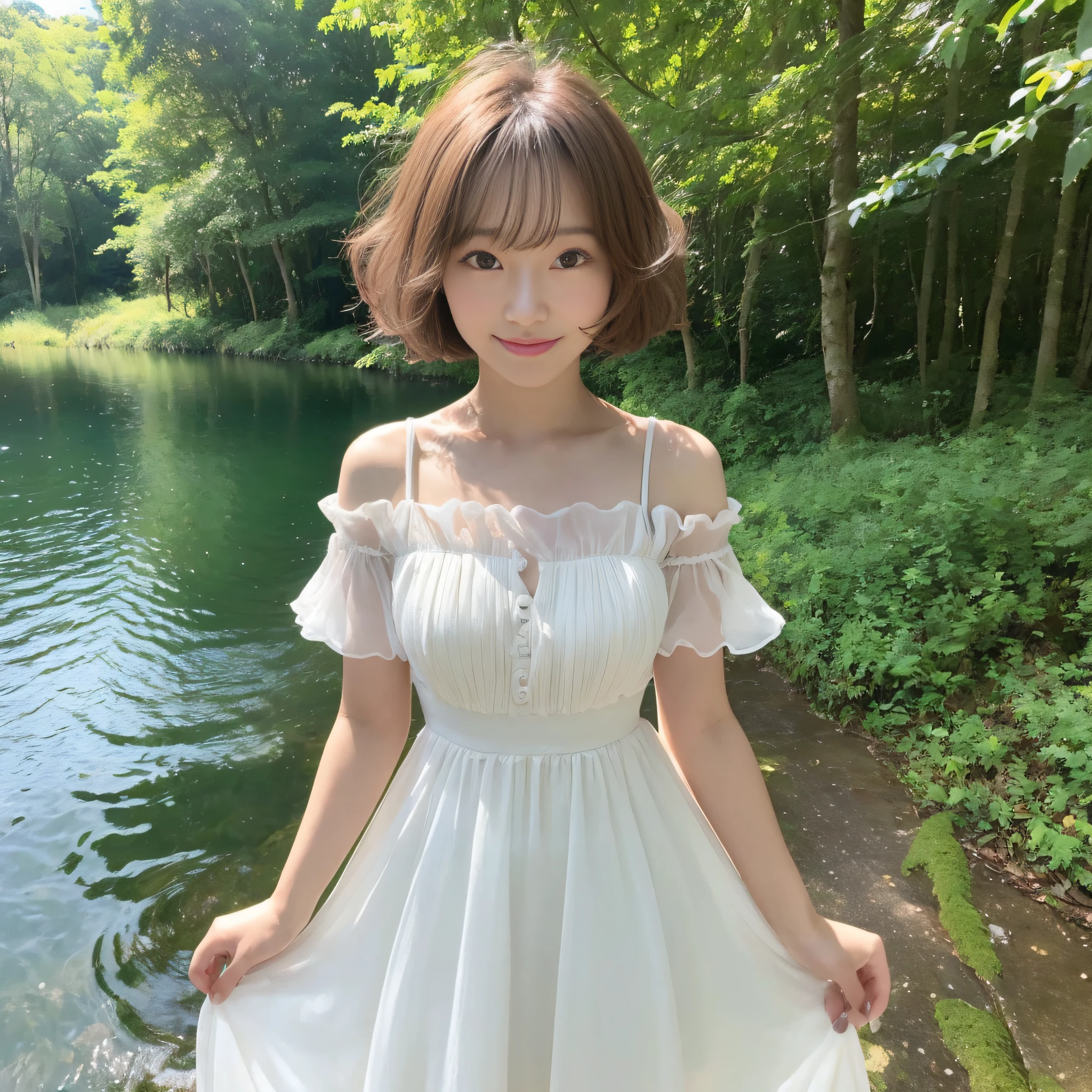 (Maki Horikita), Face Up, (In the Forest), By the Lake, (8k, Top Quality, Masterpiece: 1.2), (Realistic, Photorealistic: 1.37), Ultra Detailed, (( 1 Girl))), Solo, Beautiful Detailed Sky, Detailed Cafe, (Smile: 1.15), (Closed Mouth), Beautiful Fine Eyes, (Shirt: 1.1), Night, White Dress, (Short Hair: 1.2), Float NovaFrogStyle, Stand, Cute,