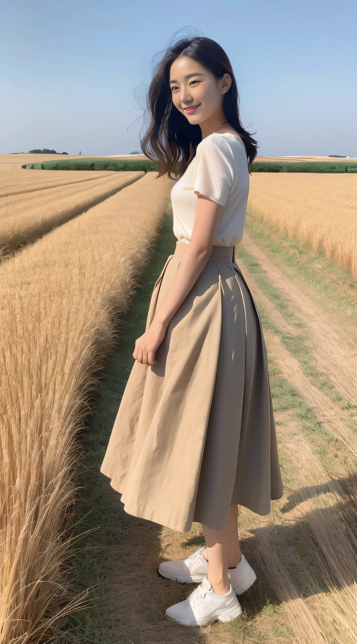 (1girl:1.2), Arad image of a beautiful woman walking through a wheat field, long skirt, wearing skirt, skirt, wearing a fluent long skirt, distant full body view, pleated skirt, midi skirt, wide skirt, with Instagram filter, full body contour camera shooting, wearing skirt, simple dress, flowing dress, thin waist tight dark skirt, Araki woman in skirt is posing for photos, soft color matching, elegant temperament, elegant intellectual feeling, high image quality, hair coiled, fine skin texture and cloth texture, detailed eyes, detailed long eyelashes, double eyelids, portrait photography, focal length 30 mm , Aperture F1.2, God Perspective, Realism, Costume Photography, Smile,