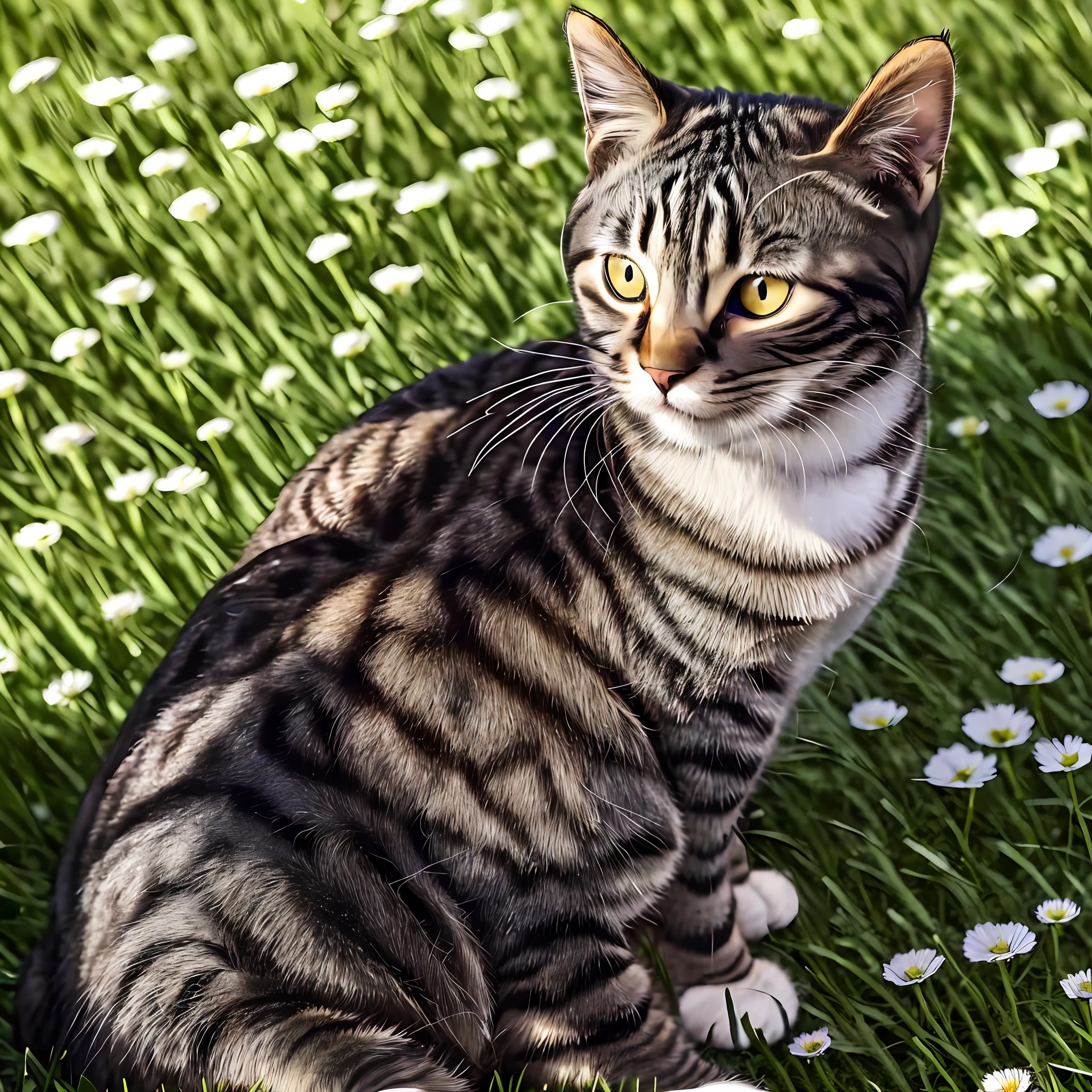 cat,lihuacat,looking at viewer,masterpiece, full body, standing,grey eyes,sitting, tail,black_eyes ,castle, outdoors, masterpiece, best quality, flower field, landscape, cityscape, whitelihua,baishoutao,bailingzi,playing,(slit pupils:1.5)