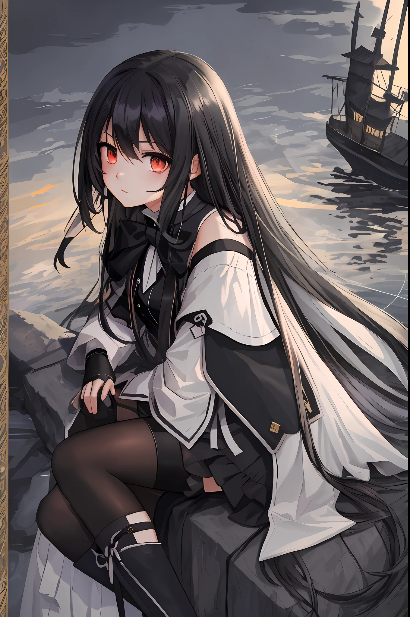Masterpiece, best quality, fine detail, beautiful detail sky, under sunset reflection, dark shadow, dim light, girl, anime, long hair, black and white hair, crescent hair card, gaze, gray eyes, unilateral stockings, bandage on leg, black leg loop, boots, fingerless gloves