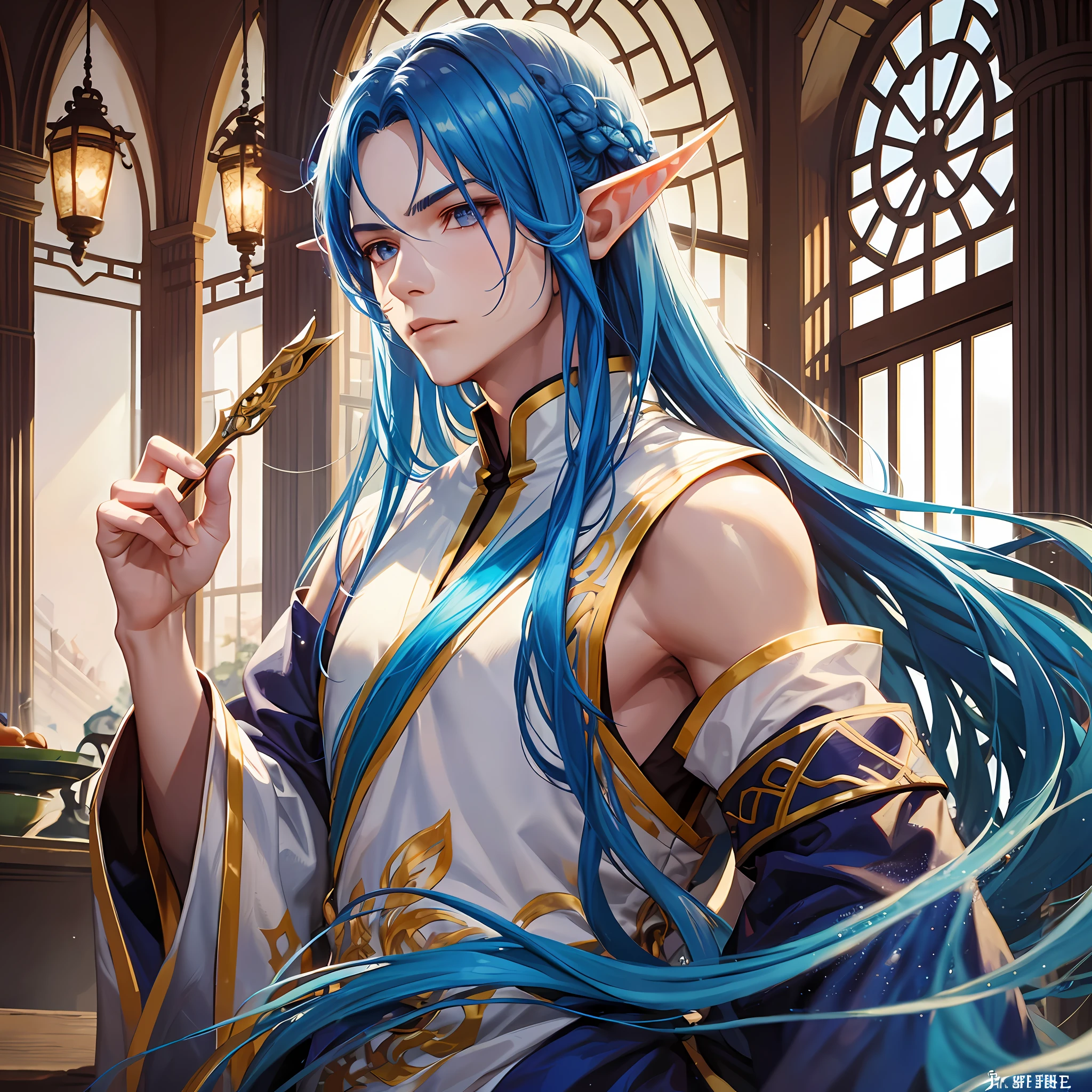 Best quality, masterpiece, male, elf, long hair, blue hair, hanfu, flame
