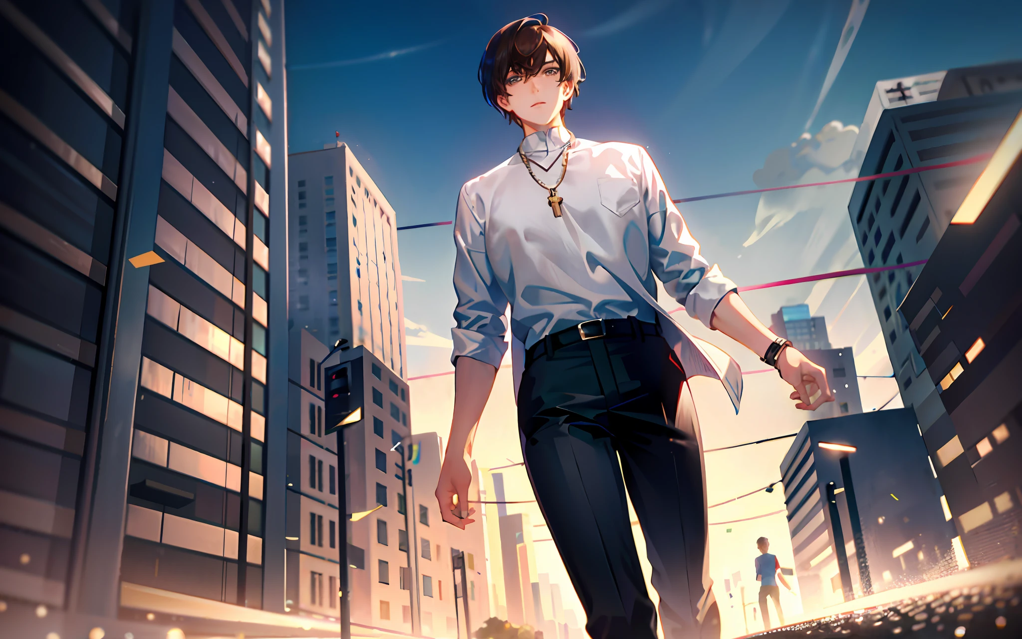 Best quality, male focus, quadratic, brunette hair, short hair, a , white shirt, black pants, urban background