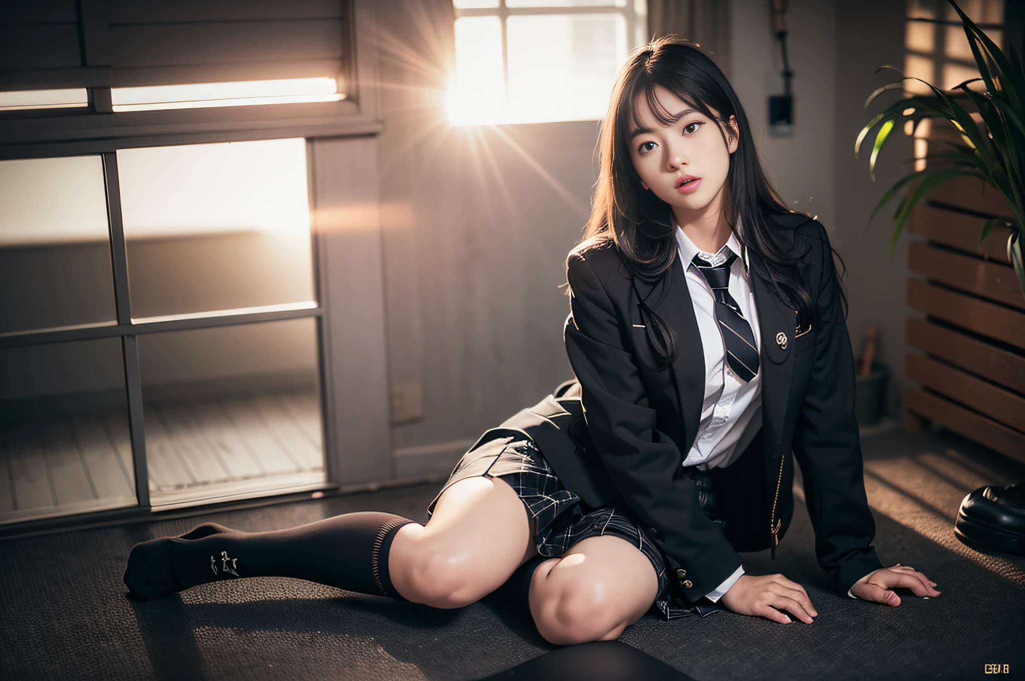 ((Black High Socks)), (8k, Best Quality, Masterpiece: 1.2), (Realistic, Photorealistic: 1.37), Ultra Detail, Best Quality, Ultra High Resolution, Professional Lighting, Photon Mapping, Radiosity, Physically Based Rendering, Cinematic Lighting, Inside a Western-style Building, Depth of Field, Focusing, Sun Rays, Good Composition, (Bokeh: 1.2), 1 Girl, ( Full body),(mouth closed),beautiful eyes,pose,constriction,high school girl uniform,black hair,unkempt hair,long hair fluttering in the wind,(ulzzang-6500:1.2) mix4, hiqcgbody