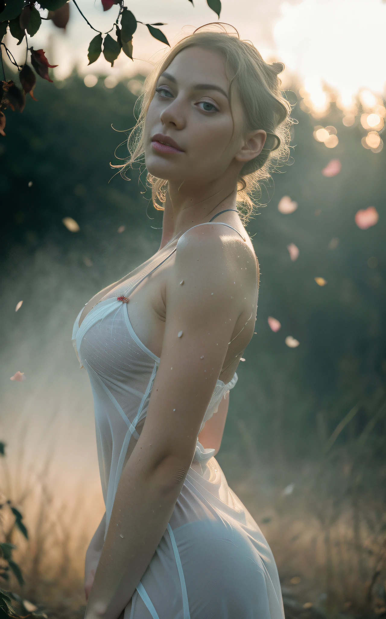 white curls, albino, gorgeous woman, blue veins, wet, steamy, sunburst, freckles, rimlight, freckly skin, dust, sunrays, fireflies, hazy, dreamy, sweaty, bathing in light, butt clevage, sweat, backlighting, romantic mood, french, dusty highway, flowers in wind, fog, haze, sweaty, dripping, hot girl, humid, wet hair, see through sexy nightgown, showing clevage, rose petals, beautiful face, sunlit, covered in flowers and petals, godrays, cozy, wet skin, morning dew, backlighting, hazy, golden hour, morning light, erotic mood, alone, countryside, shy, masterpiece, best quality, ultra-detailed, solo, smoke, shadows, contrast, close-up, cinematic light, side lighting, ultra high resolution, best shadow, RAW, 4k, sexy, cleavage