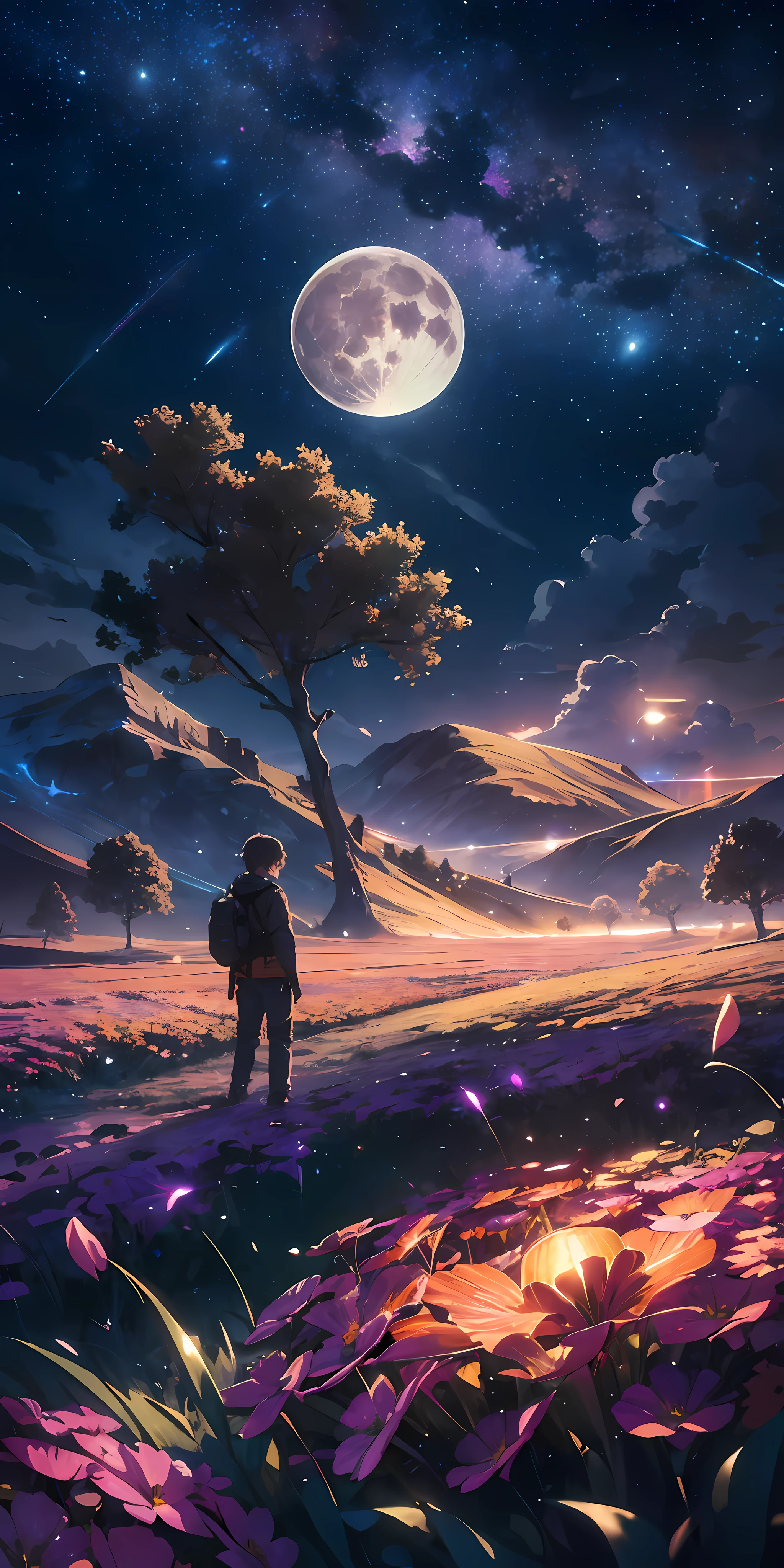 expansive landscape photograph , (a view from below that shows sky above and open field below), a Boy standing on flower field looking up, (full moon:1.2), ( shooting stars:0.9), (nebula:1.3), distant mountain, tree BREAK
production art, (warm light source:1.2), (Firefly:1.2), lamp, lot of purple and orange, intricate details, volumetric lighting, realism BREAK
(masterpiece:1.2), (best quality), 4k, ultra-detailed, (dynamic composition:1.4), highly detailed, colorful details,( iridescent colors:1.2), (glowing lighting, atmospheric lighting), dreamy, magical, (solo:1.2)