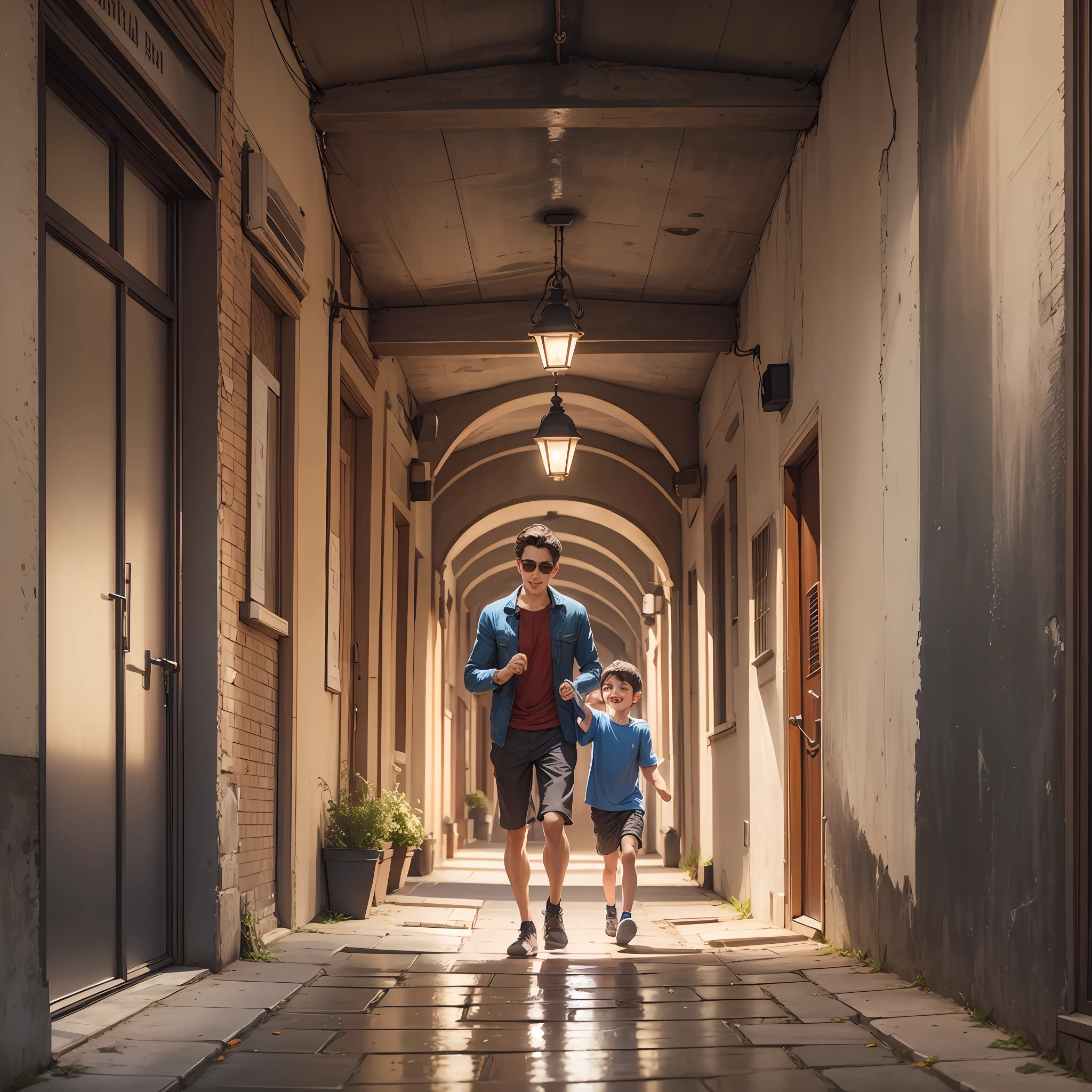 The young man pulled the child happily down the alley --auto --s2