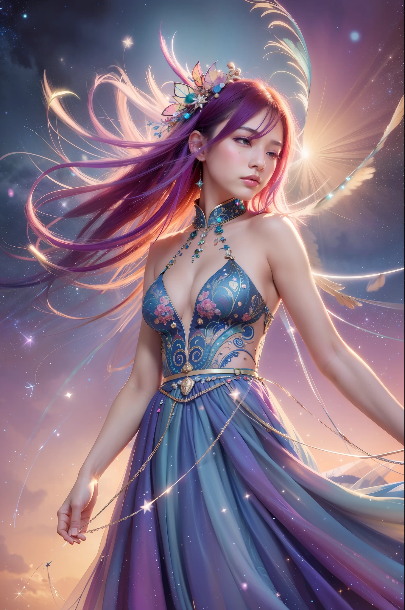 (Masterpiece, top quality, best quality, extreme detail, highest detail, official art, Beauty and Aesthetics: 1.2), Colorful, Denim Shot, Upper Body Shot, Beautiful Face, Solo, Perfect Body, On the Sky Clouds, Fairy, Flowing Streamers, Sun Rays, Clouds, Full Body, Hanfu, Chinese Clothes, White Dress, Water, Fireflies, Night, Starry Sky, Jewelry, Feathers on Dresses, Peacock Feathers, Light Particles, Volumetric Lighting, Ray Tracing (Flowing Streamers: 1.1), (Fantasy: 1.2), Illuminator, Stars, Fantasy, High Contrast, Ink Strokes, Overexposure, Purple and Red Tone Impressions, Abstract, ((Watercolor by John Berkey and Jeremy Man)) Brush Strokes,