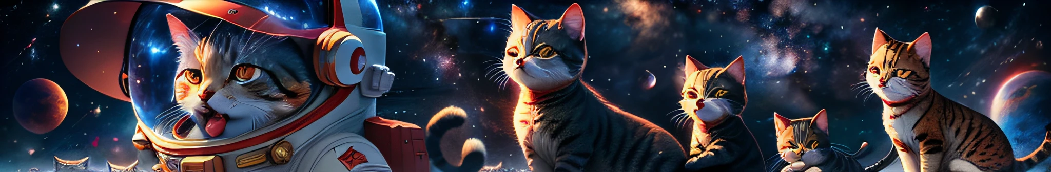 CG rendering of delicate scene, many cats, full character, big red eyes,wearing astronomy spacesuit and helmet, floating in blue sky by many planets, extremely detailed, ultra-wide shot, best quality, highres, Logo, a big cat open open mouth like speak