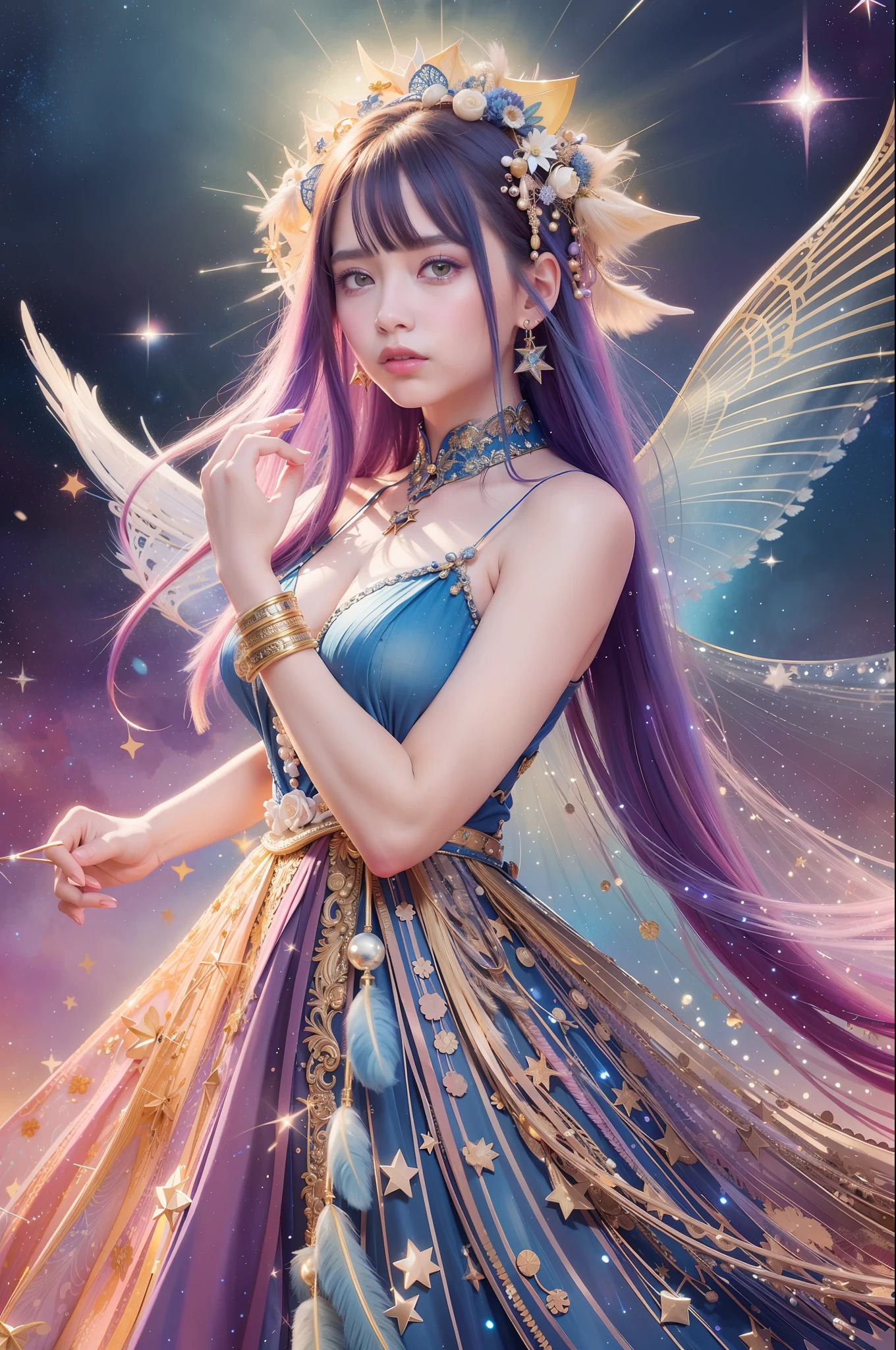 (Masterpiece, top quality, best quality, extreme detail, highest detail, official art, Beauty and Aesthetics: 1.2), Colorful, Denim Shot, Upper Body Shot, Beautiful Face, Solo, Perfect Body, On the Sky Clouds, Fairy, Flowing Streamers, Sun Rays, Clouds, Full Body, Hanfu, Chinese Clothes, White Dress, Water, Fireflies, Night, Starry Sky, Jewelry, Feathers on Dresses, Peacock Feathers, Light Particles, Volumetric Lighting, Ray Tracing (Flowing Streamers: 1.1), (Fantasy: 1.2), Illuminator, Stars, Fantasy, High Contrast, Ink Strokes, Overexposure, Purple and Red Tone Impressions, Abstract, ((Watercolor by John Berkey and Jeremy Man)) Brush Strokes,