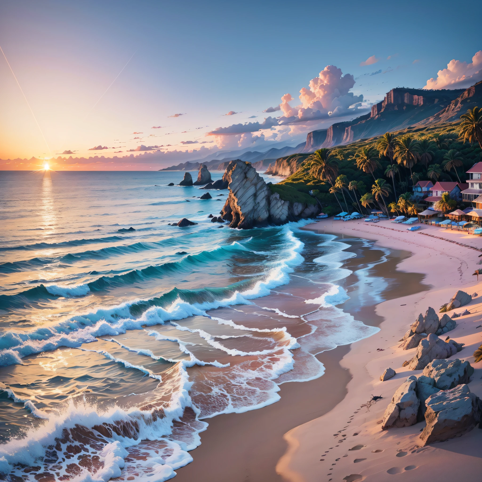 An absolutely mesmerizing sunset on the beach, with a mix of orange, pink, and yellow in the sky. The water is crystal clear, gently kisses the coast, and the white sand is endless. The scene is dynamic and breathtaking, with seagulls soaring high in the sky and palm trees swaying softly. Immerse yourself in the calm atmosphere and let the serenity surround you. --auto --s2