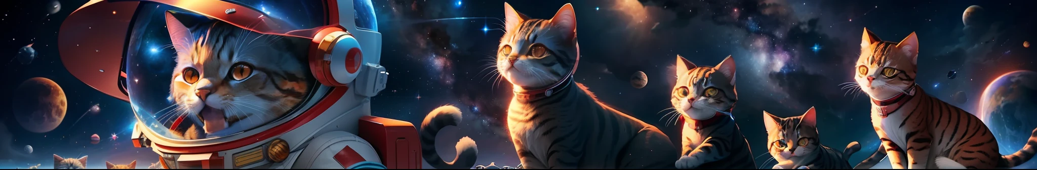 CG rendering of delicate scene, many cats, full character, big red eyes,wearing astronomy spacesuit and helmet, floating in blue sky by many planets, extremely detailed,  ultra-wide shot, best quality, highres, Logo, a big cat open open mouth like speak