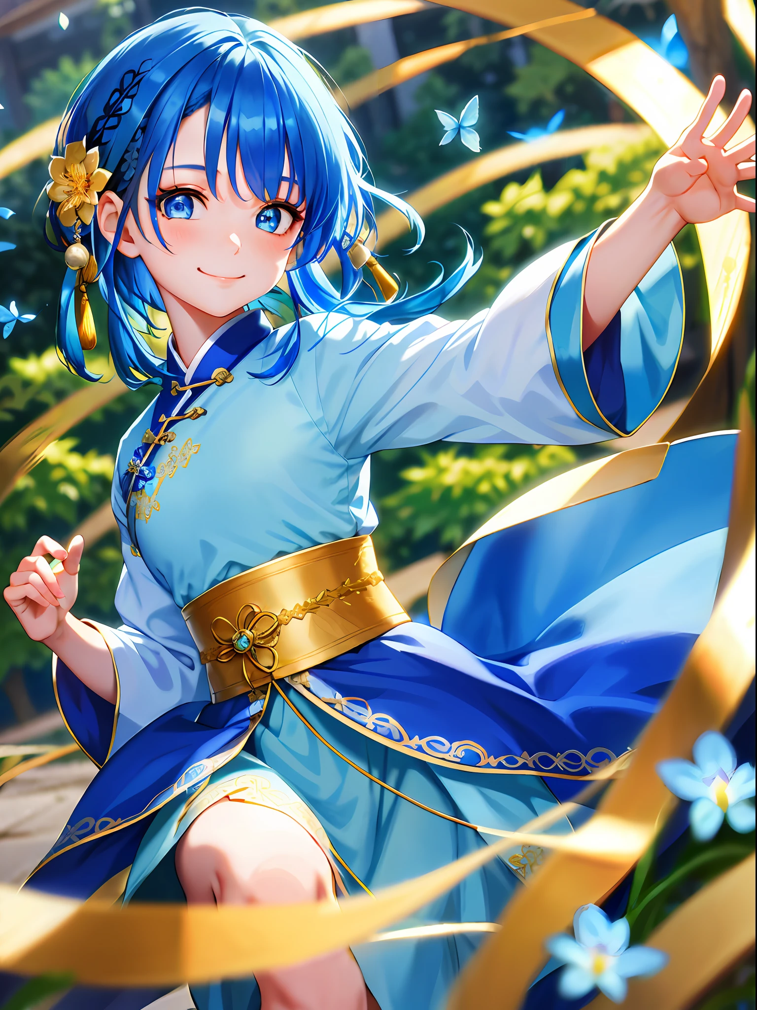 ru_qun, hanfu, best quality, masterpiece, extremely detailed, anime, 1girl, short girl, (blue hair, blue eyes:1.4), long hair, smile, tulle clothes, silk clothes, embroidery accessory, chinese knots, happy, smile, closed mouth, blue flower vines, gems, gold accessory,