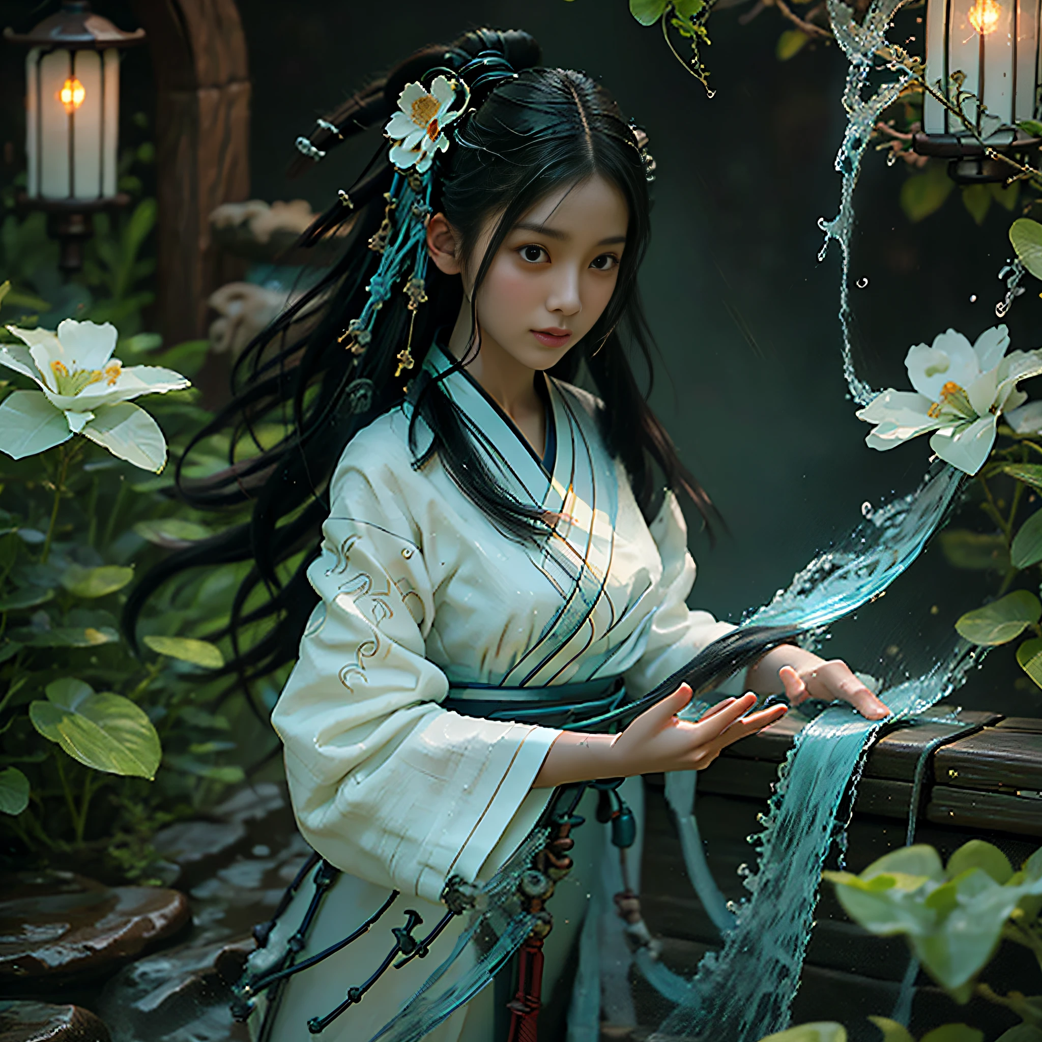 Best quality, masterpiece, super high resolution, hanfu, jade water book, 1 girl, solo, brunette hair, water, waves, flowers, lamps
