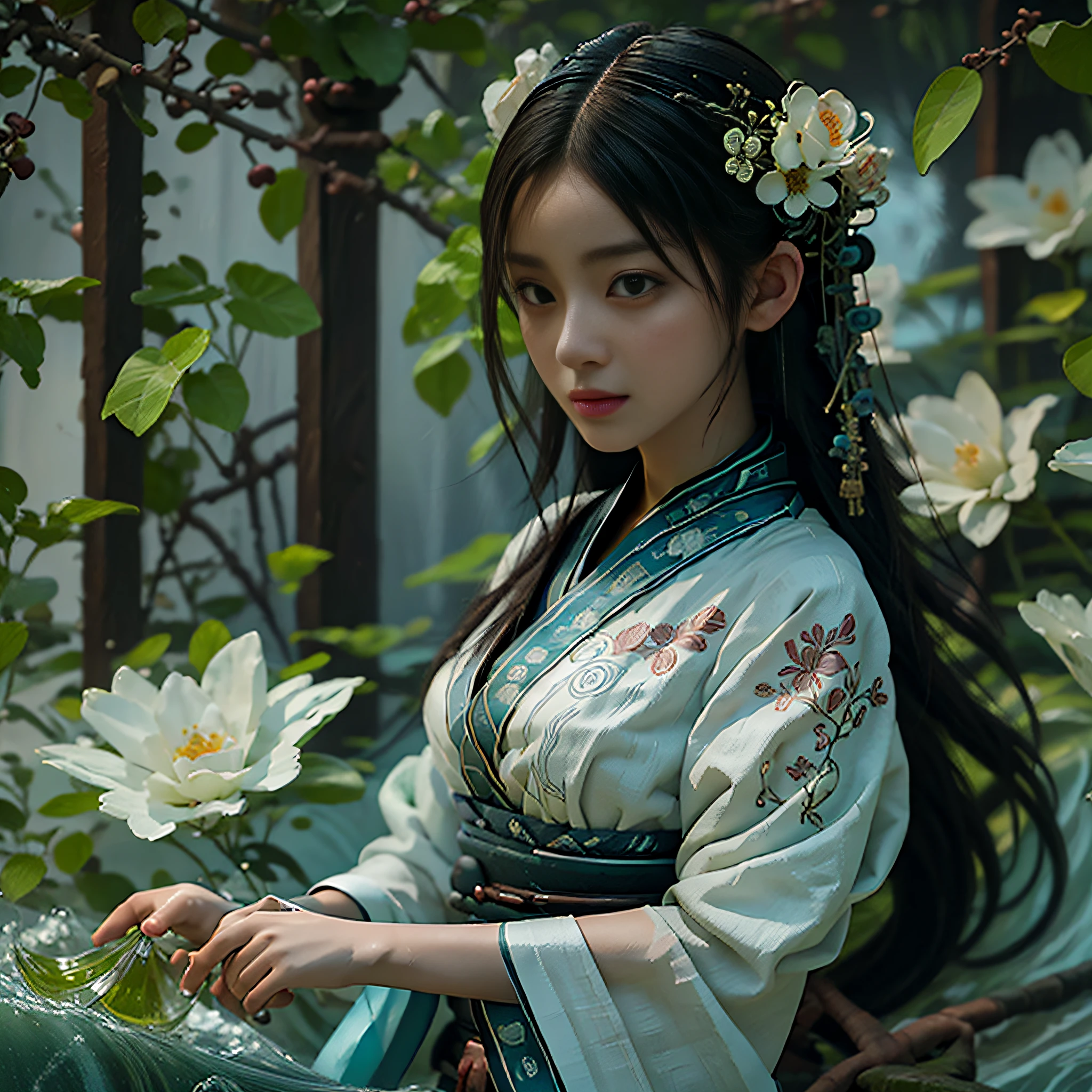 Best quality, masterpiece, super high resolution, hanfu, jade water book, 1 girl, solo, brunette hair, water, waves, flowers, lamps